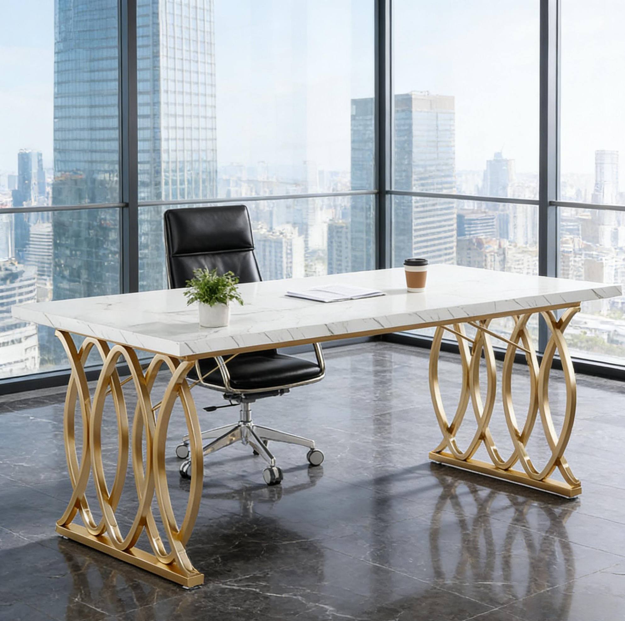 Bureau De Direction 160 X 80 X 75 Cm Plateau Effet Marbre Blanc Et Métal Doré
