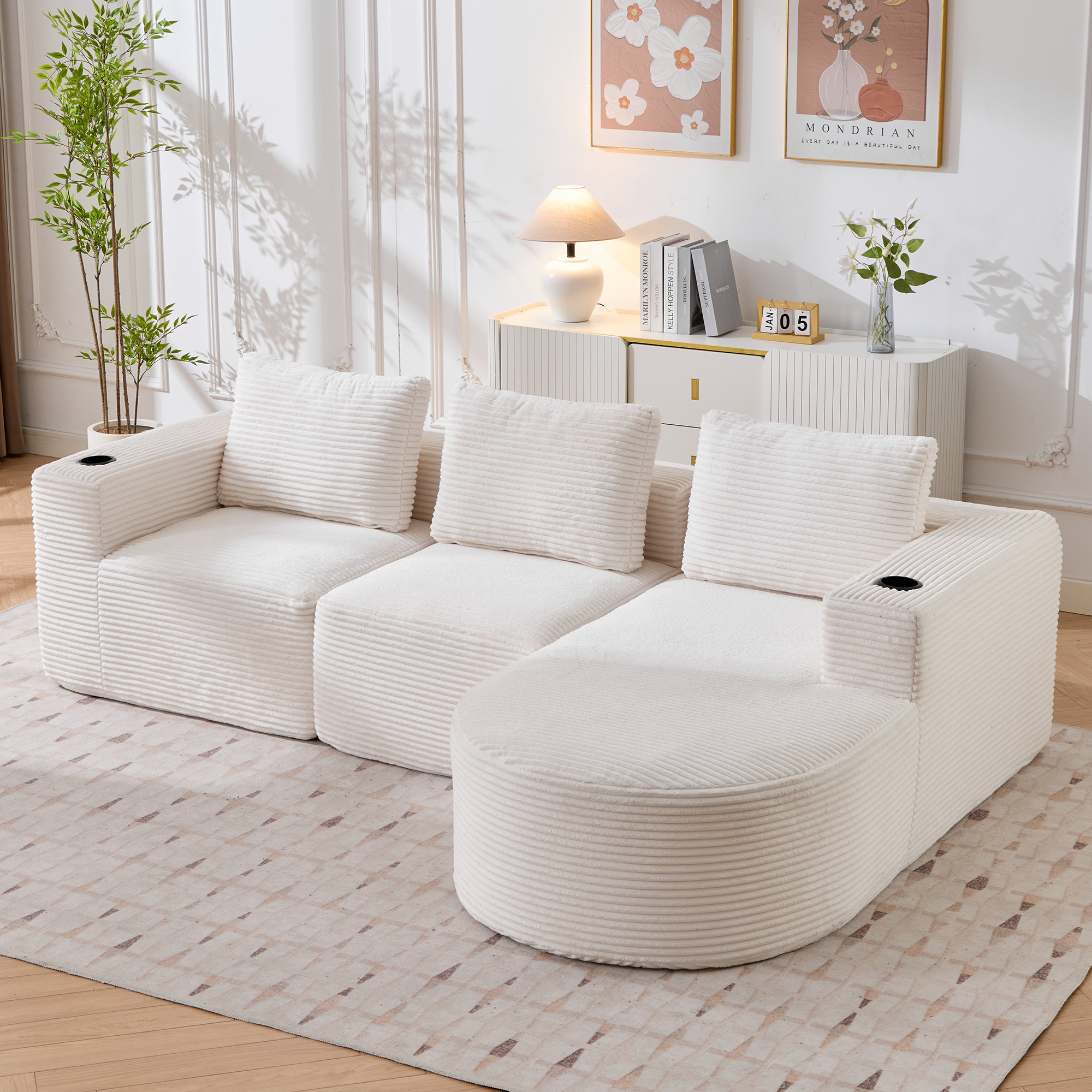 Redom Canapé 2 Places 3 Coussins, Doubles Porte Gobelets, Confort Double Couche, Polyester Rembourré Beige