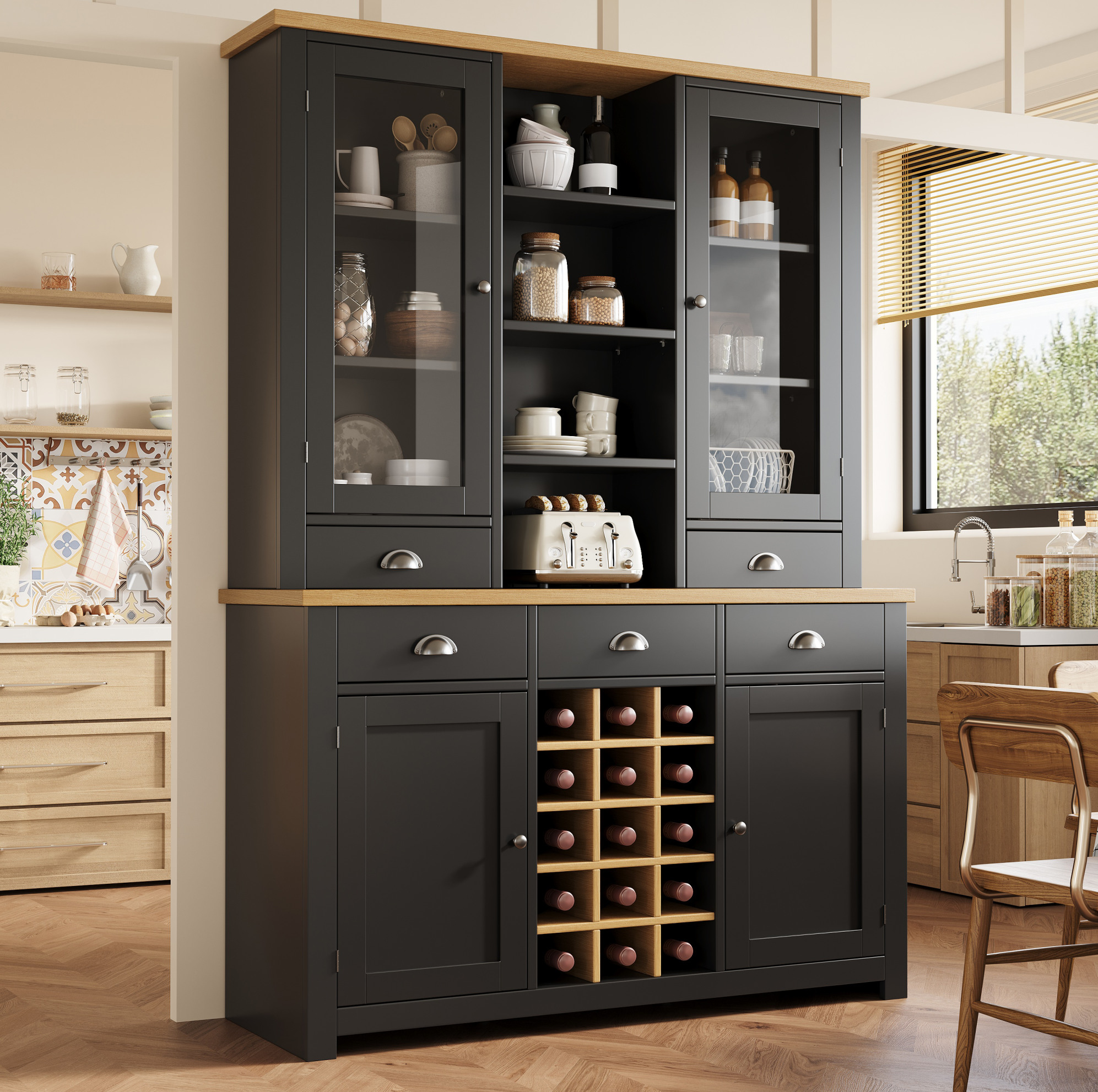 Buffet Haut Multifonction 120x40x185 Cm En Mdf Noir Avec Portes En Verre Et Casier À Vin