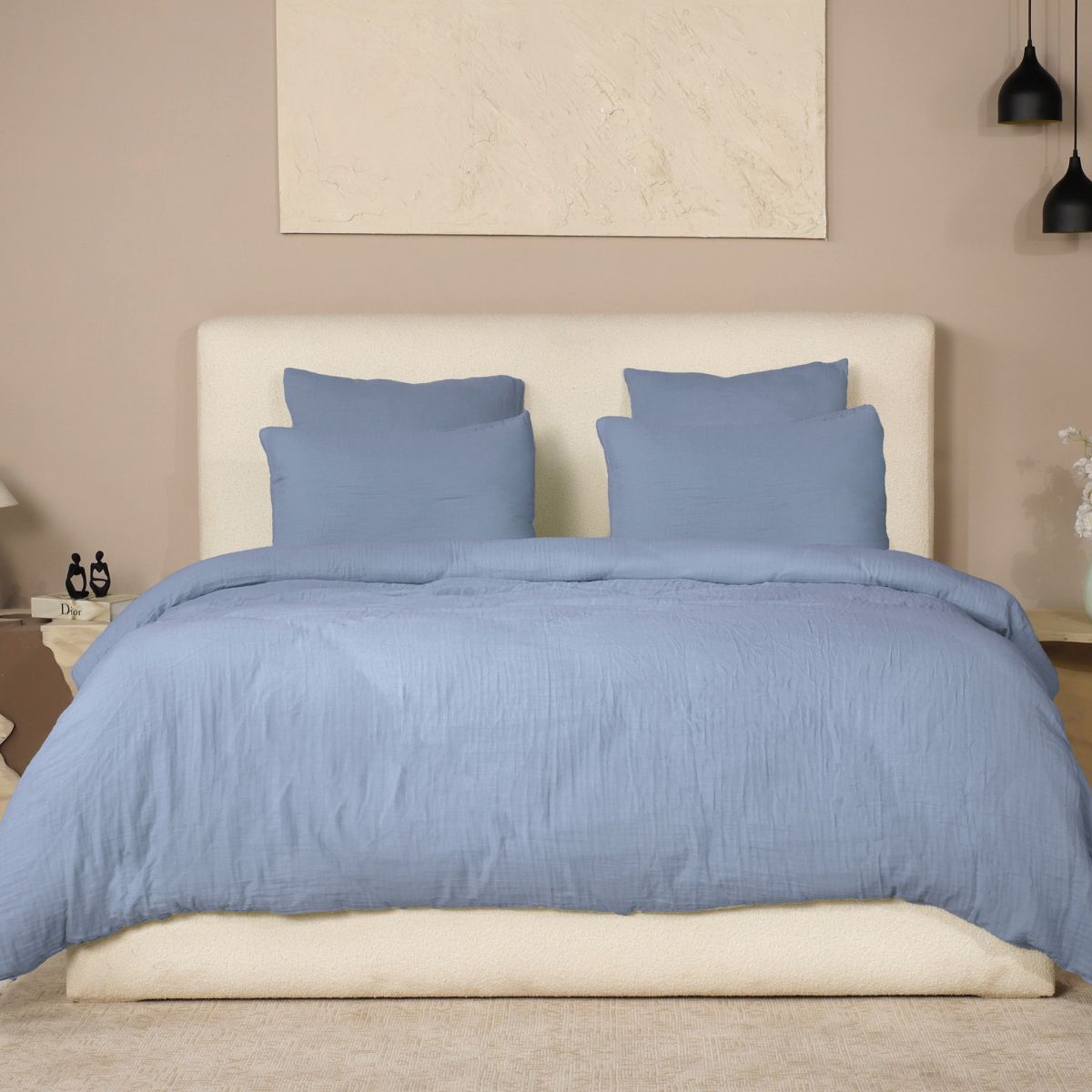 Parure Housse De Couette 260x240cm + 2 Taies 100% Gaze De Coton Lavée Bleu Givré - Valma