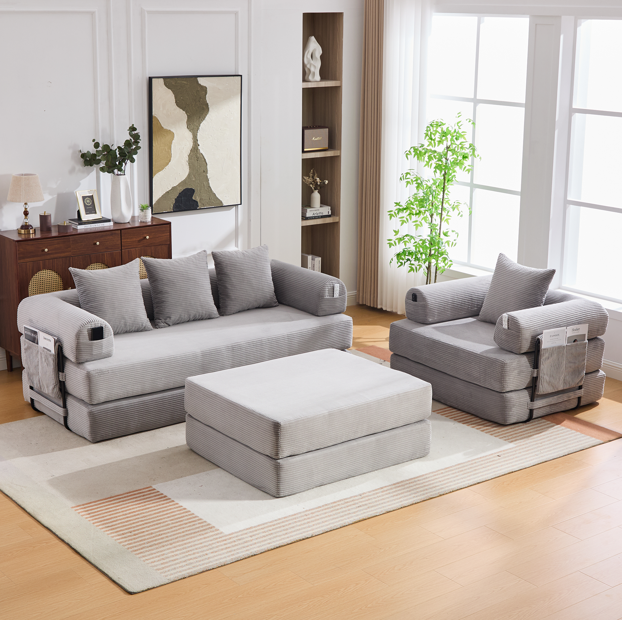 Canapé Modulable 4 Places En Corduroy Gris Clair Avec Pouf, Cadre Métal Et Poche Latérale Redom
