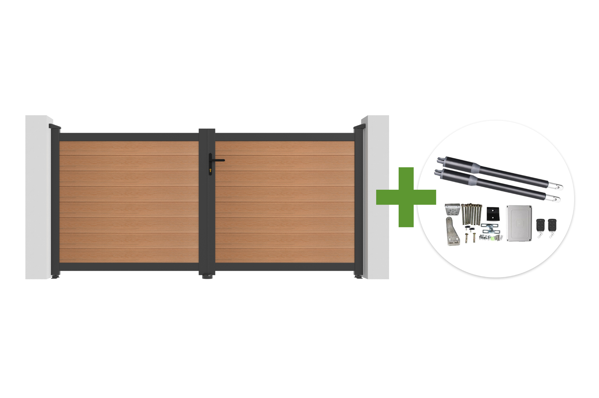 Portail Bois Composite Battant 3m Athos H.140cm Teck Avec Cadre Aluminium + Motorisation Ranger B150