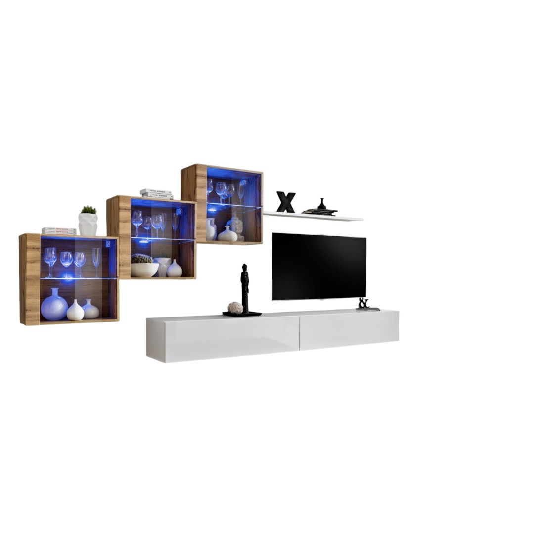 Composition Murale Switch Xx - Double Meuble Tv, Cubes Vitrés Led Et Étagère - Blanc