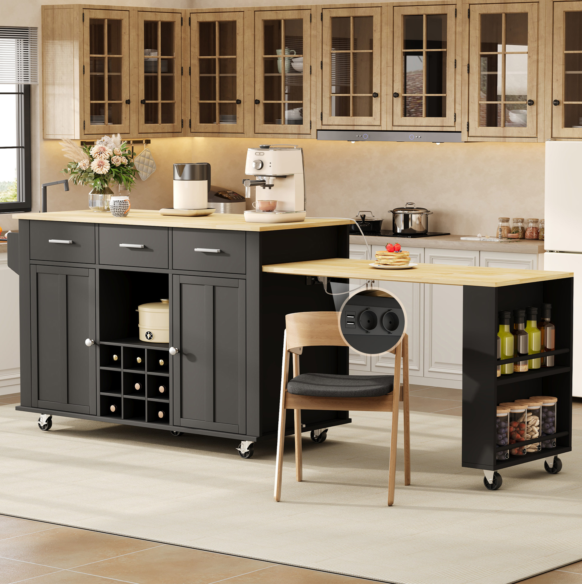 Îlot De Cuisine Mobile Avec Plan De Travail Coulissant, 3 Tiroirs, Prises Usb, Noir/chêne