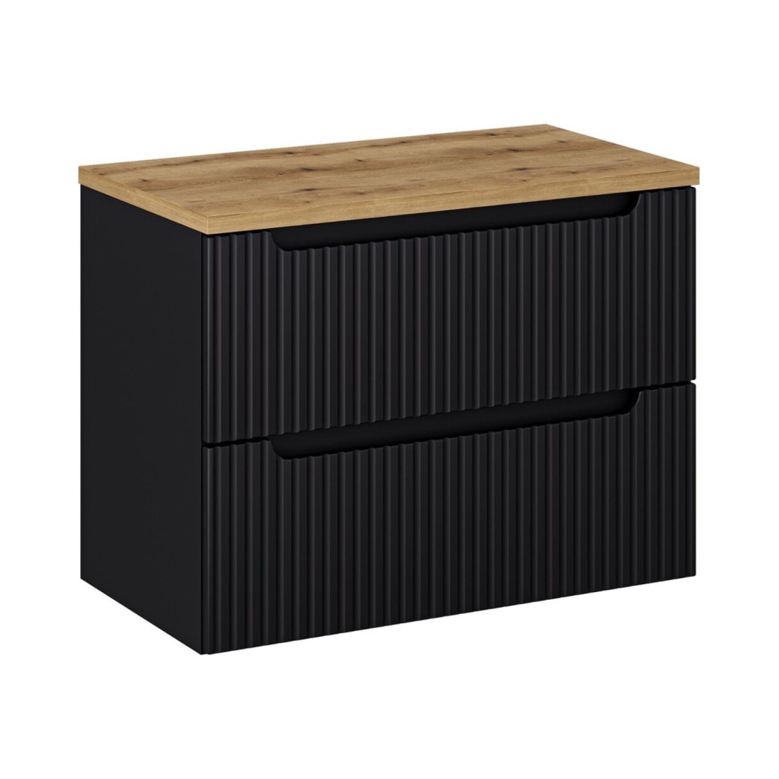 Ensemble De Salle De Bain Vano 80cm: Meuble Sous Vasque À Tiroirs Noir Mat Rainuré + Plan Pour Vasque Aspect Chêne Clair