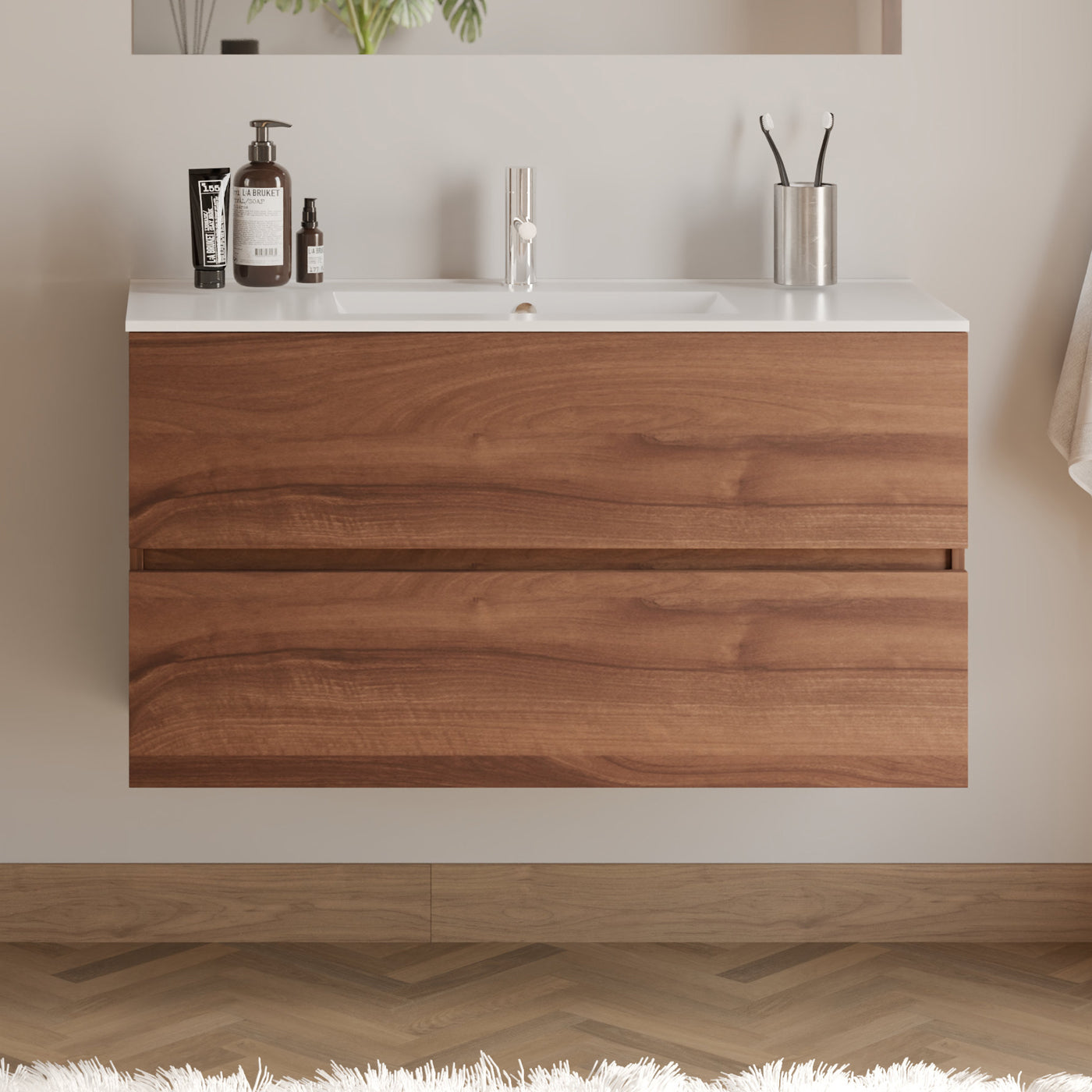 Meuble De Salle De Bain 100cm Simple Vasque - 2 Tiroirs - Sans Miroir - Noyer (bois Foncé) - Ida