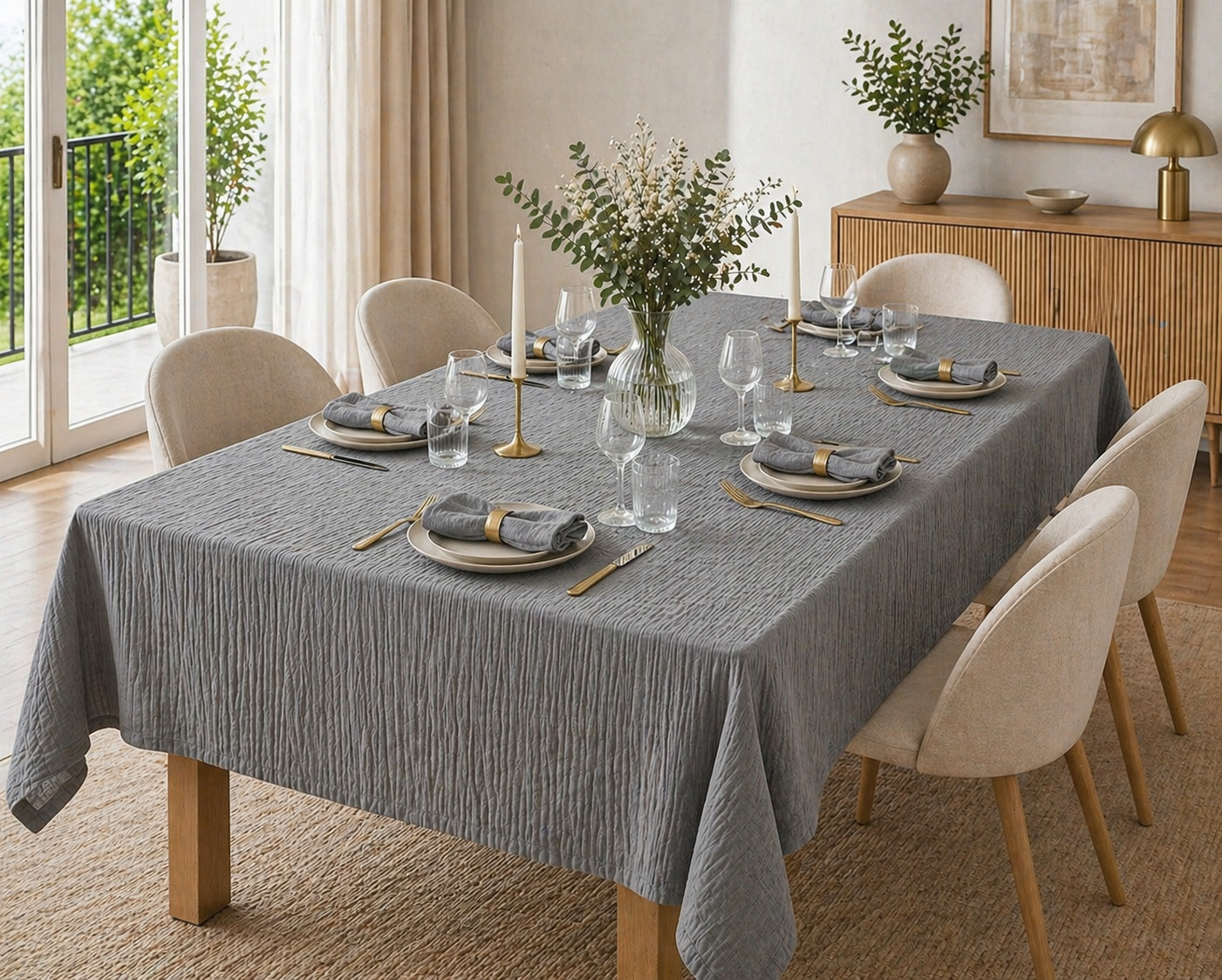 Nappe Rectangle 150 X 350 Cm + 6 Serviettes De Table - Double Gaze De Coton Gaïa Granit