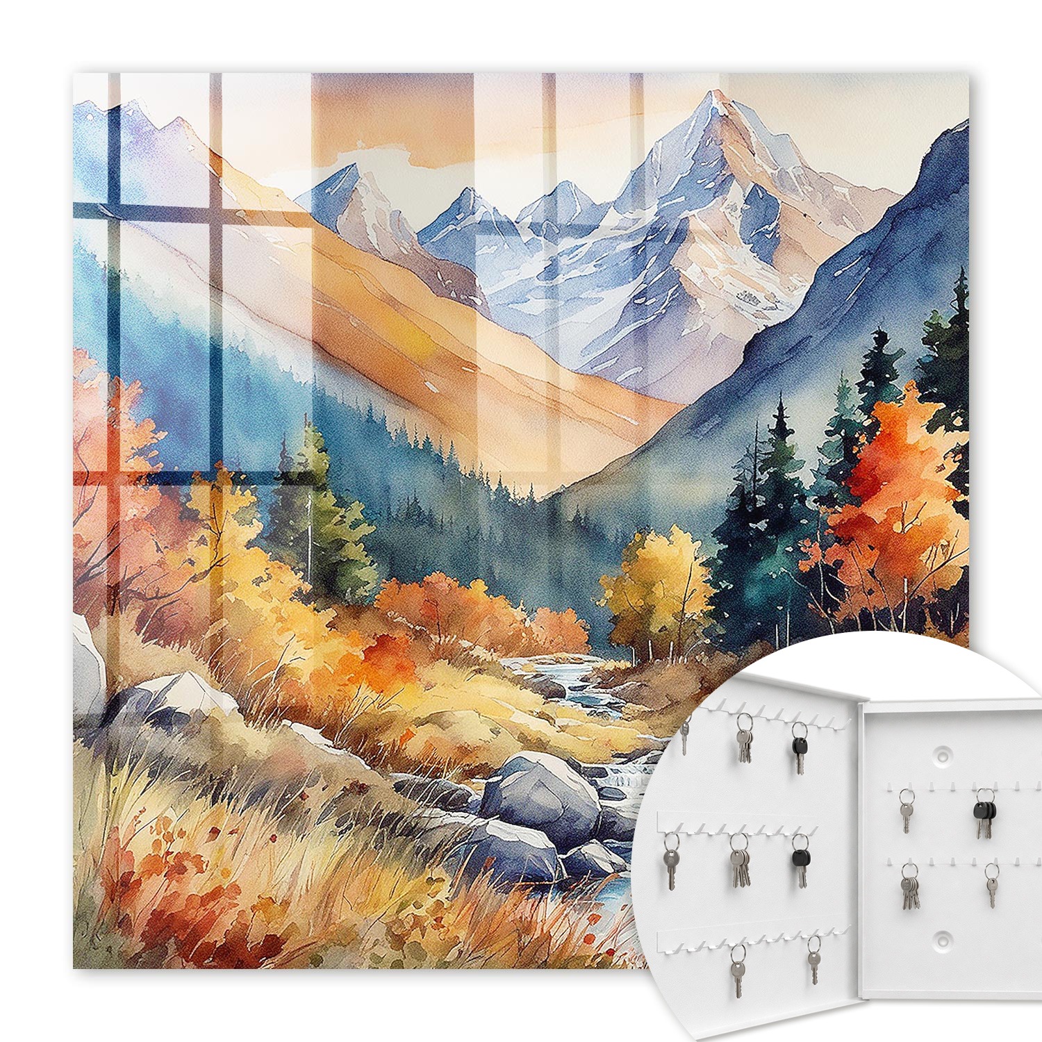 Armoire À Clés - (30 Cm X 30 Cm) - Boîte À Clés Murale - Coffret De Rangement Pour Clés - Couleur Blanche - Ouverture Vers La Gauche - Pour Maison Et Bureau - Montagnes D'Automne