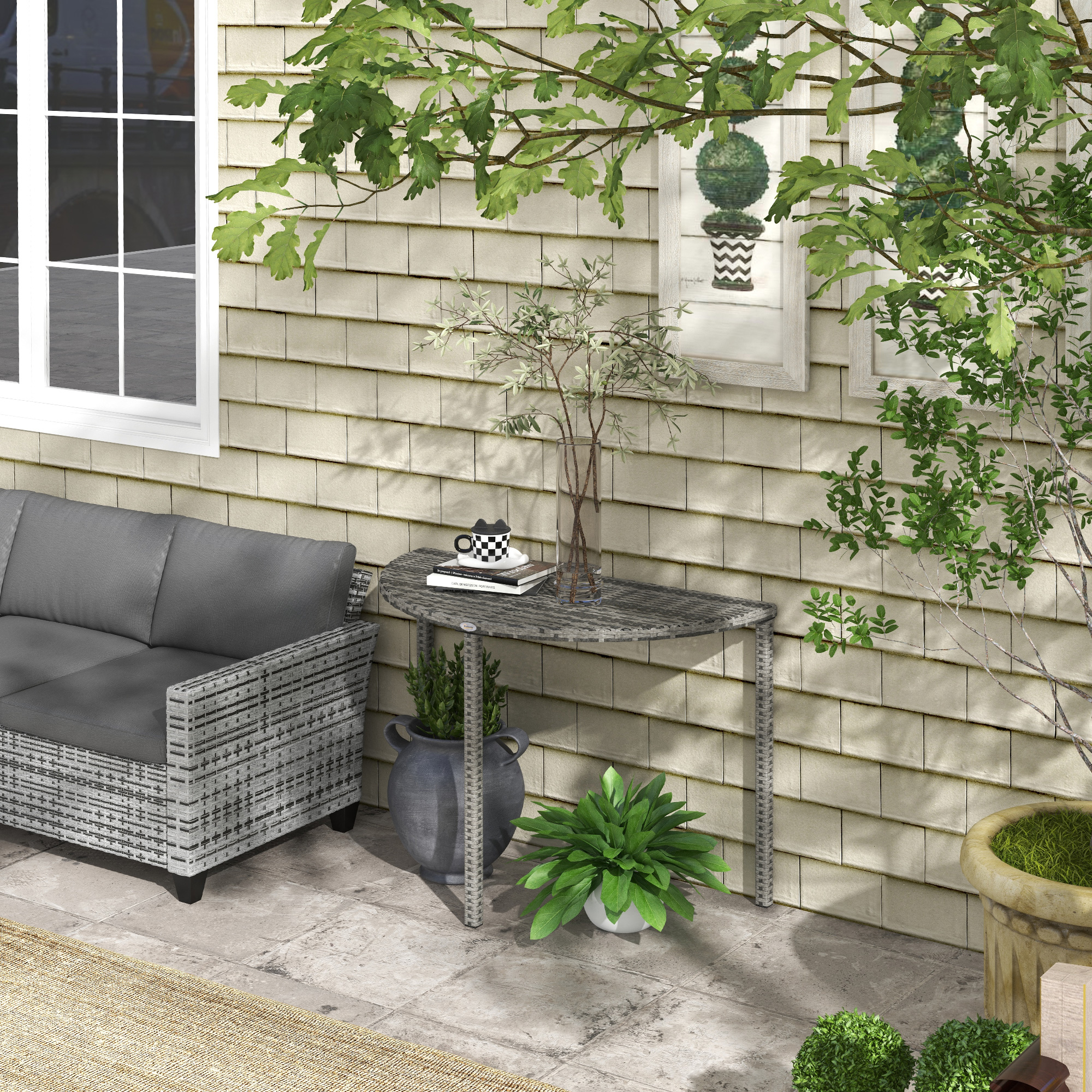 Redom Table De Balcon 100x50x74 Cm, Demi Ronde, Pour Intérieur Et Extérieur, En Polyrattan Et Métal Gris