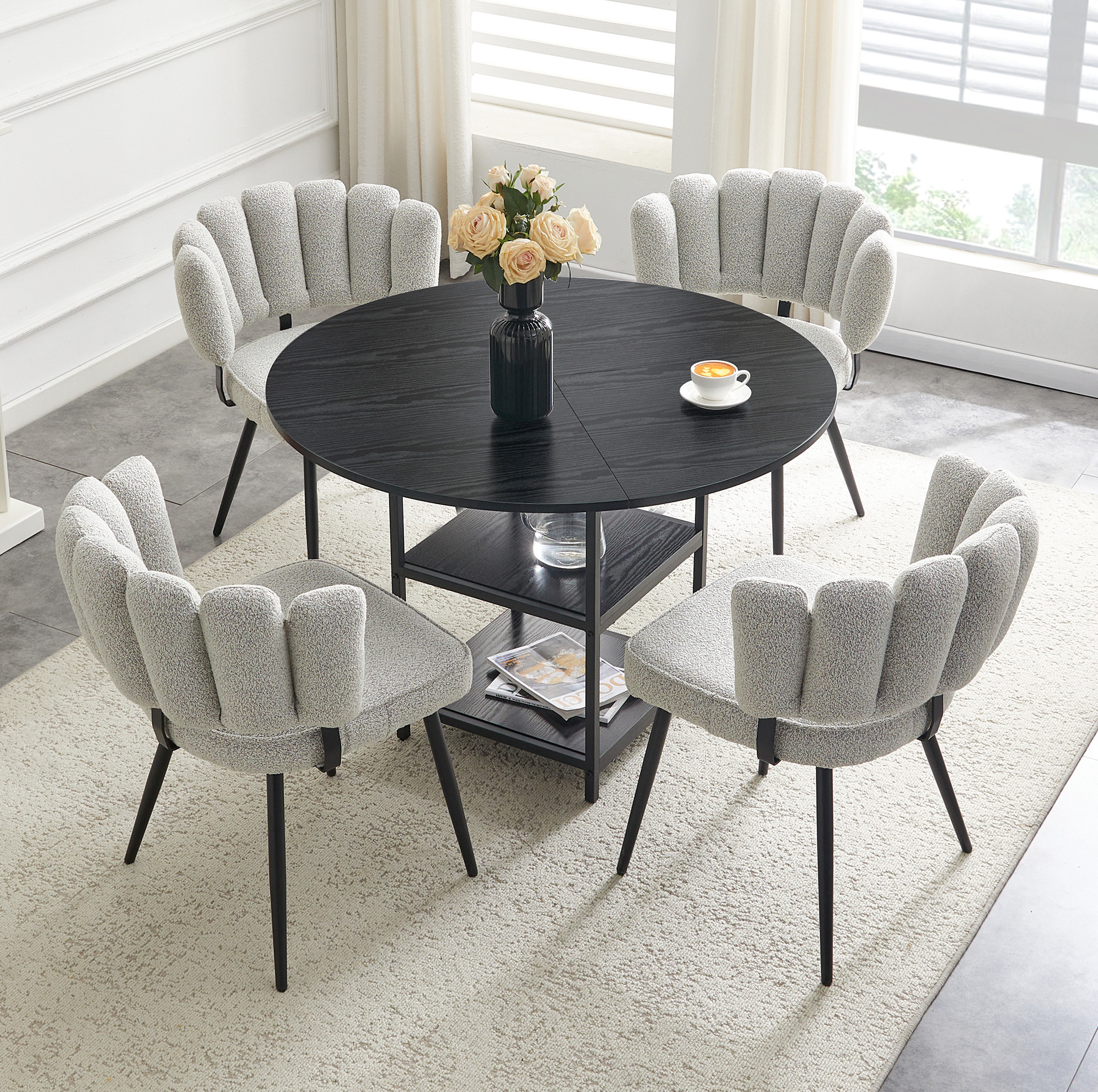 Ensemble Table Ronde 107 Cm Avec 4 Chaises, Plateau Mdf Noir Et Tissu Gris Clair