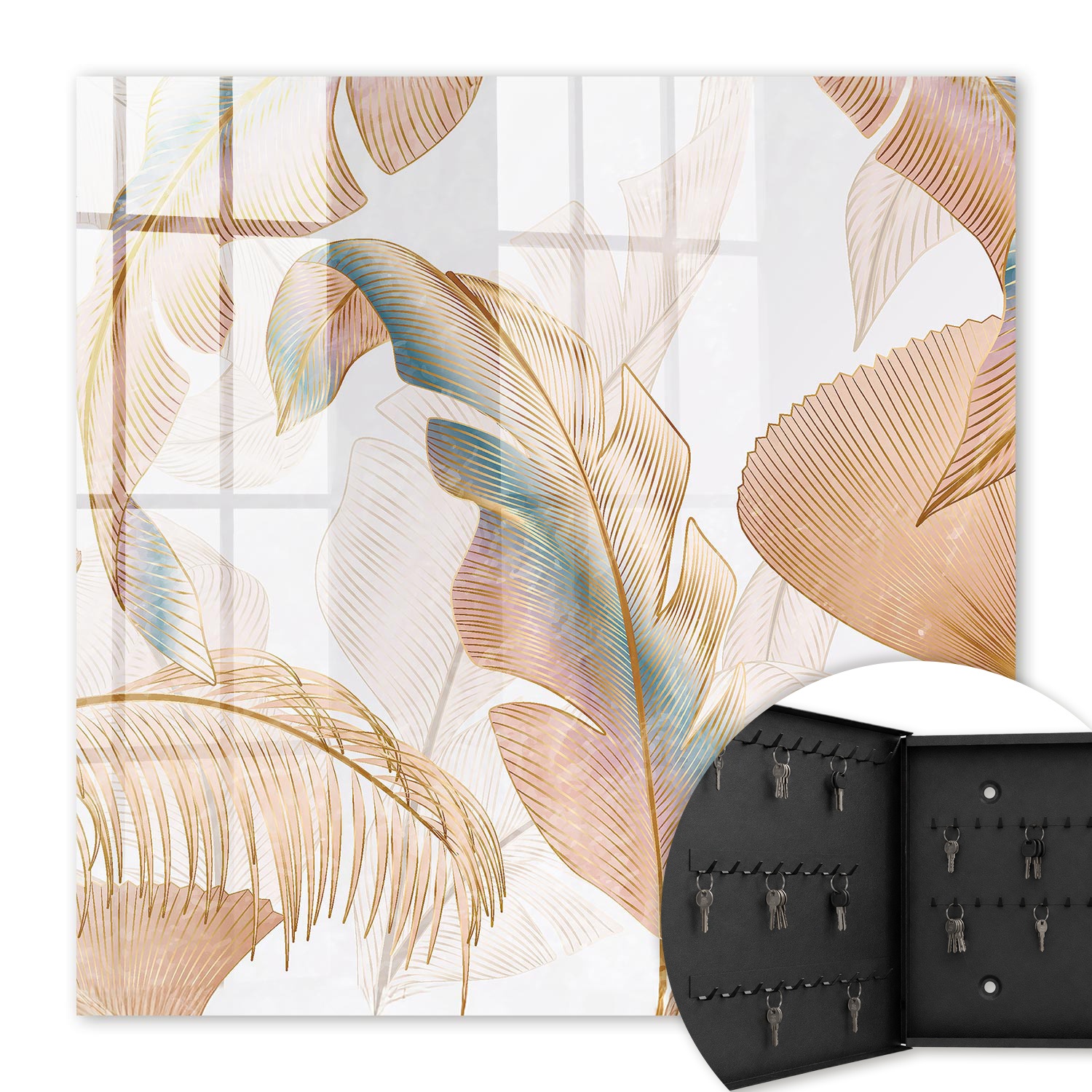 Armoire À Clés - (30 Cm X 30 Cm) - Boîte À Clés Murale - Coffret De Rangement Pour Clés - Couleur Noire - Ouverture Vers La Gauche - Pour Maison Et Bureau - Feuilles Délicates