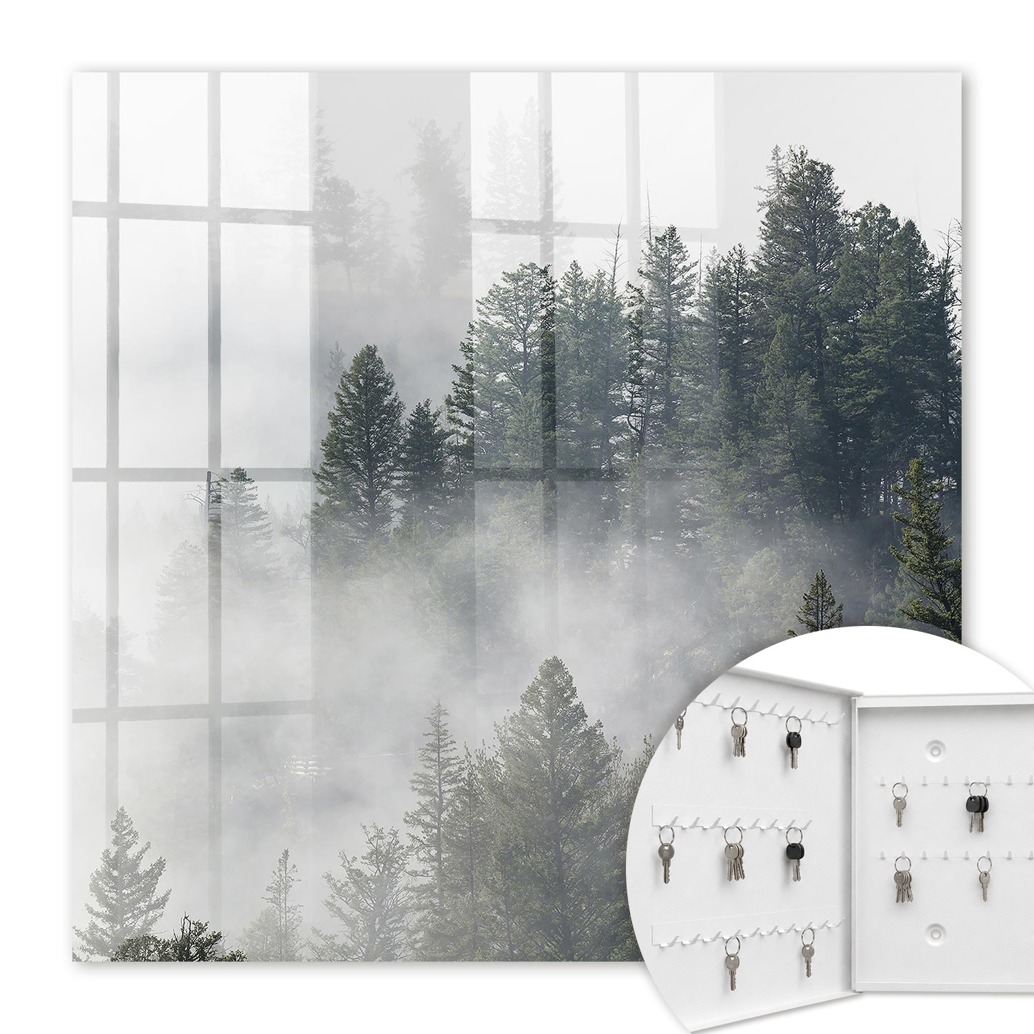 Armoire À Clés - (30 Cm X 30 Cm) - Boîte À Clés Murale - Coffret De Rangement Pour Clés - Couleur Blanche - Ouverture Vers La Gauche - Pour Maison Et Bureau - Forêt Brumeuse