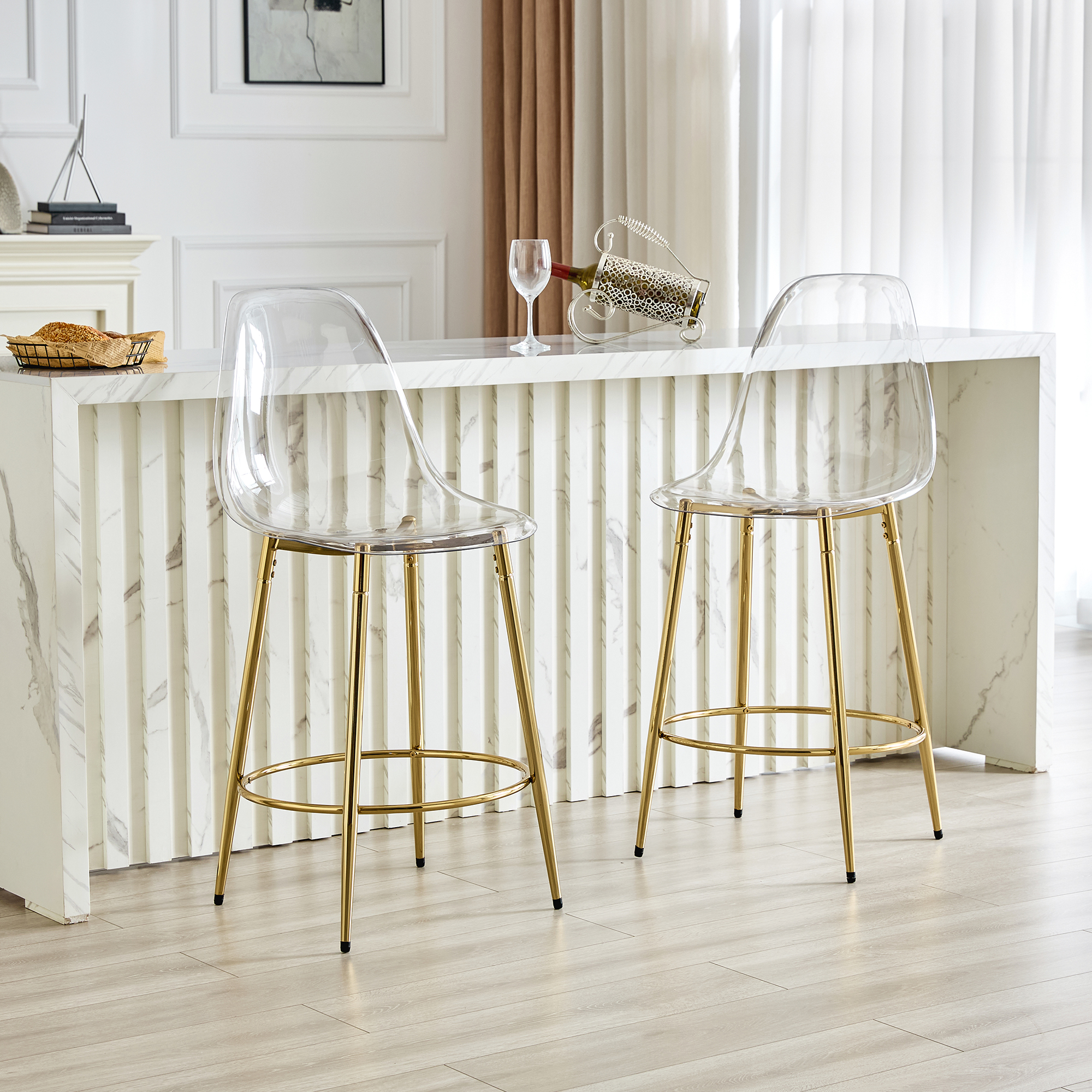 Redom Lot De 2 Tabourets De Bar, Dossier Transparent, Assise 66 Cm, Repose Pieds, Pieds Métalliques Dorés, Plastique Et Métal