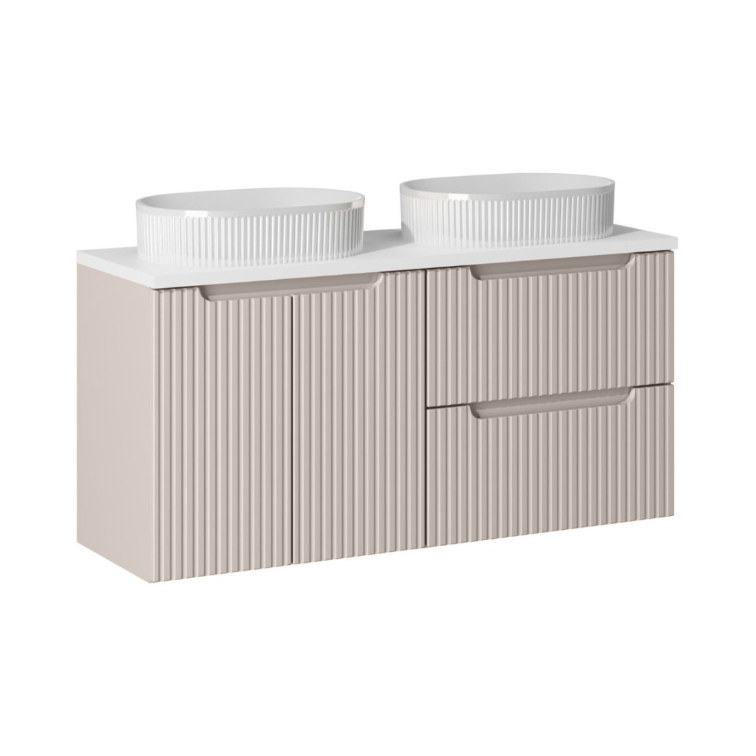 Ensemble Vano Cachemire Et Blanc 120cm: Meubles Sous Vasque À Tiroirs Et Placards + Plan Pour Vasque + Vasques À Poser Rainurée