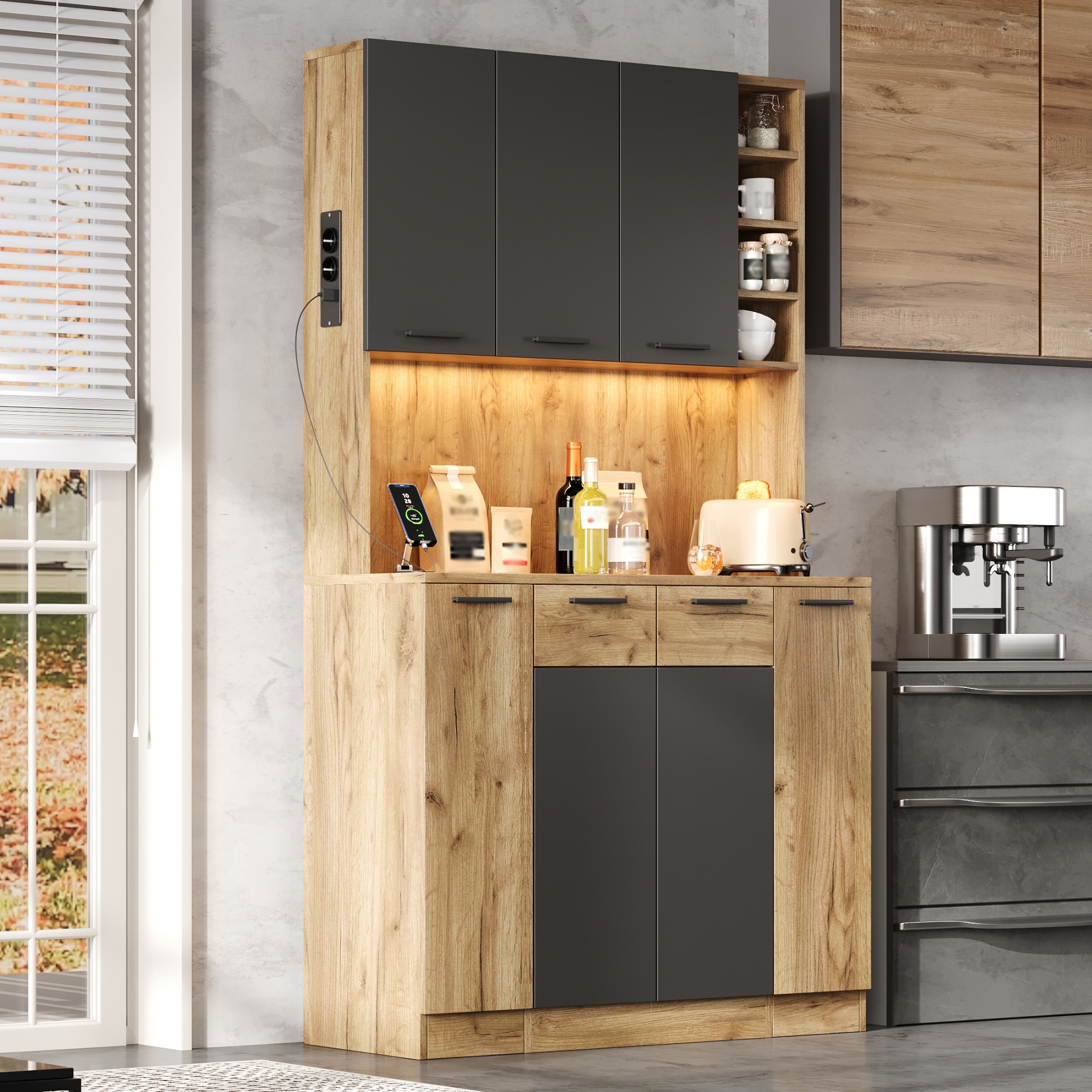 Redom-buffet De Cuisine 100x40x180 Cm, Led Rgb, Prises Intégrées, Rangement Modulable, Mdf Noir Et Naturel