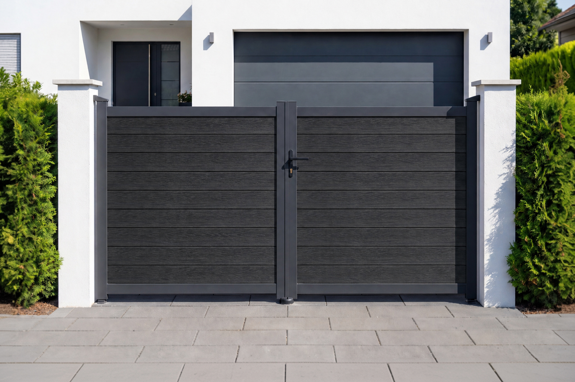 Portail Bois Composite Battant Plein 3m Athos H.160cm Gris Anthracite Avec Cadre Aluminium