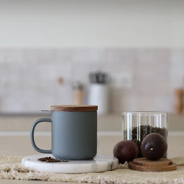 Tisanière En Grès Gris Avec Couvercle En Bois D'acacia 300ml Juliet - Ogo Living