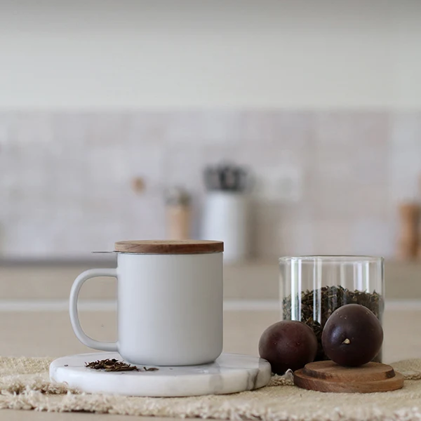 Tisanière En Grès Blanc Avec Couvercle En Bois D'acacia 300ml Juliet - Ogo Living