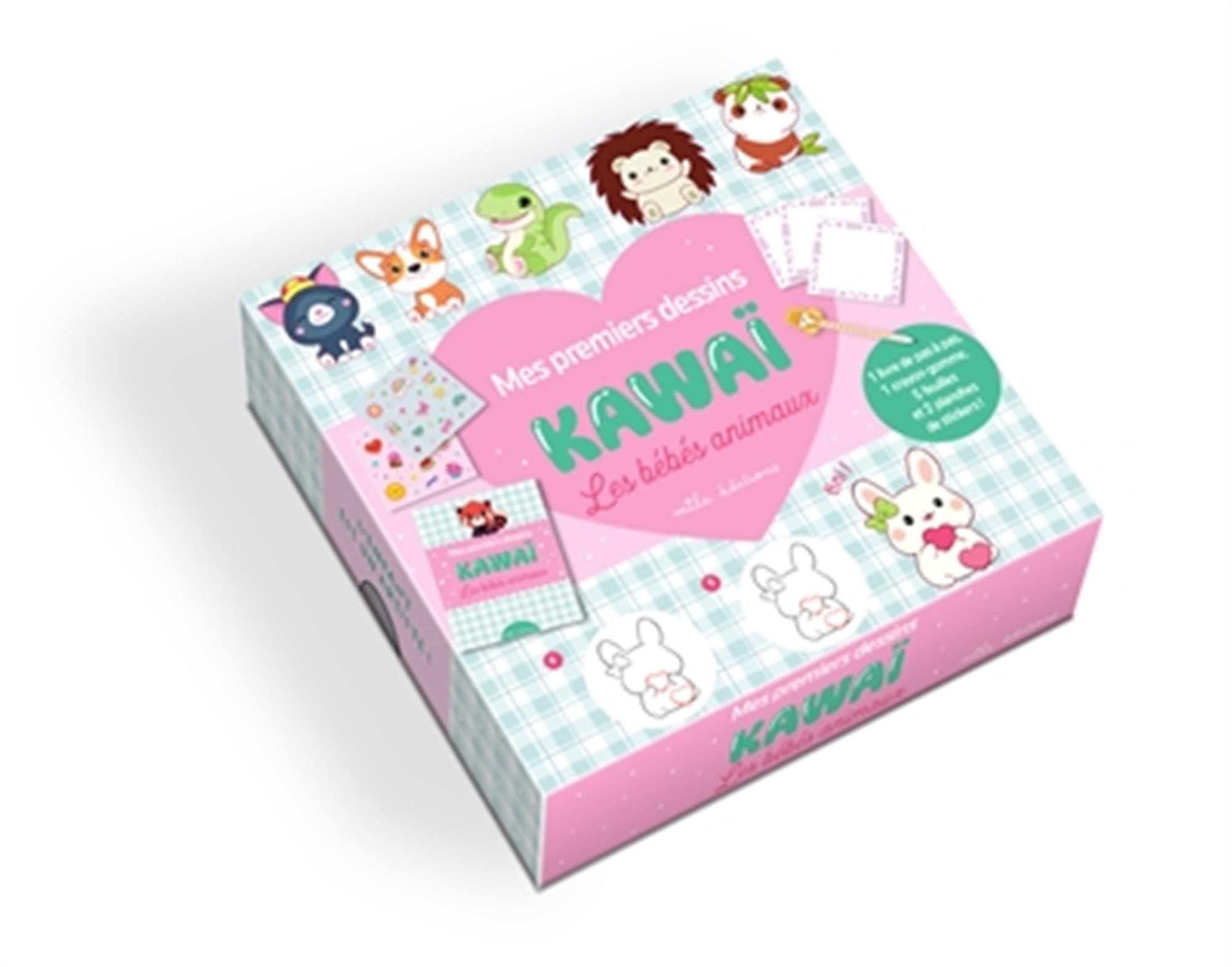 Coffret - Mes premiers dessins kawaï - Les bébés animaux: Avec 1 livre, 2 planches de stickers, 5 feuilles et 1 crayon-gomme