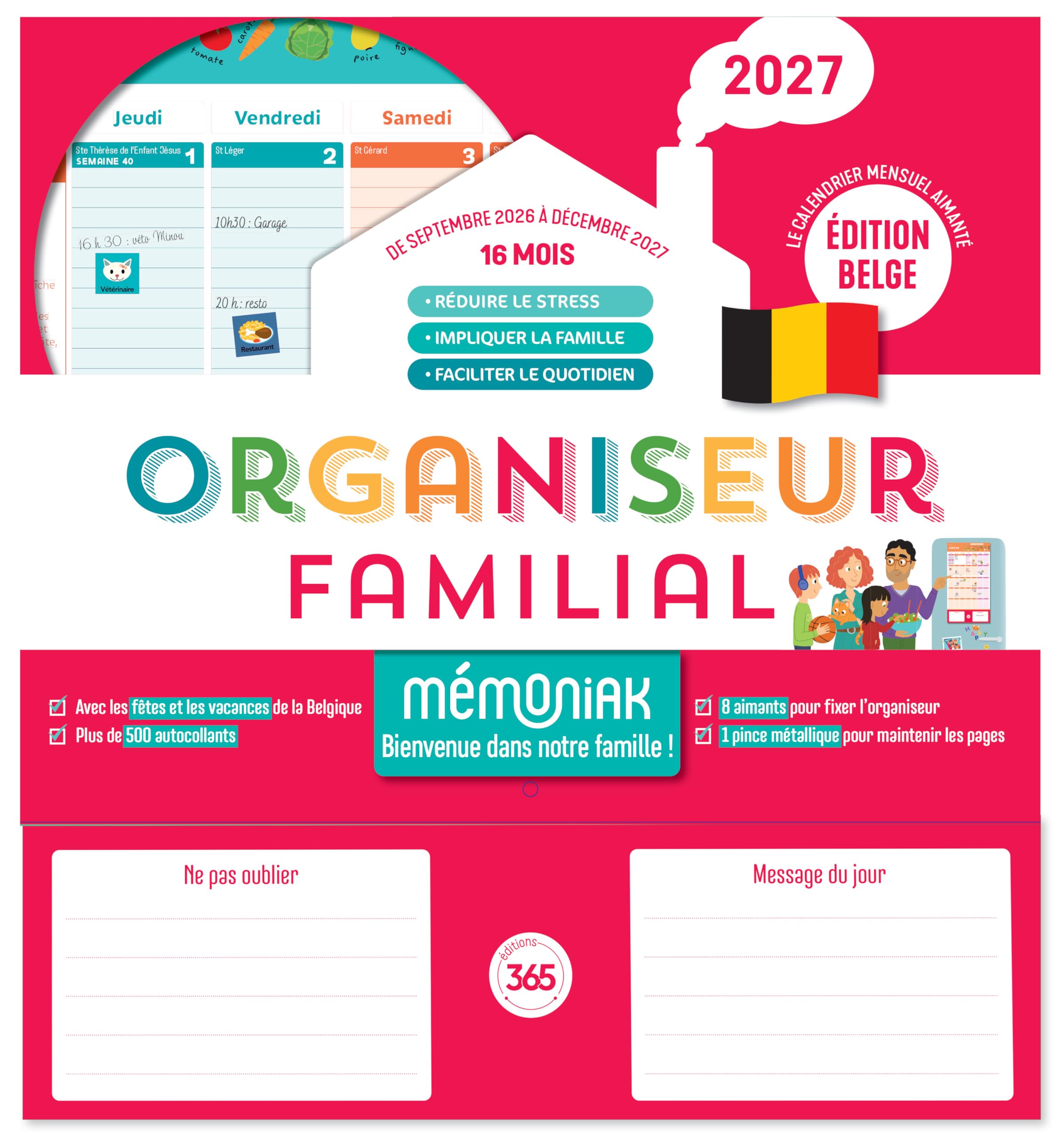 Organisateur familial 2027: 16 mois, de septembre 2026 à décembre 2027: le calendrier mensuel aimanté, édition belge