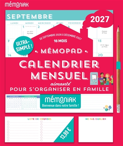 Mémopad, calendrier mensuel aimanté pour s'organiser en famille: Mémoniak 2027: 16 mois, de septembre 2026 à décembre 2027
