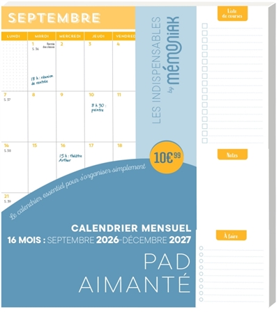 Pad aimanté: calendrier mensuel 16 mois: septembre 2026-décembre 2027