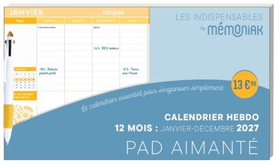 Calendrier hebdomadaire janvier-décembre 2027 - Pad aimanté avec stylo 4 couleurs