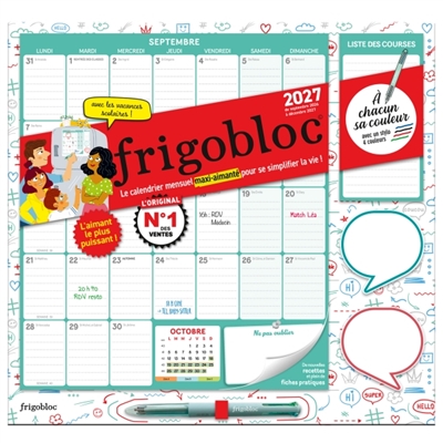 Frigobloc Mensuel 4 couleurs 2027: Calendrier organiseur familial (de sept. 2026 à déc. 2027)