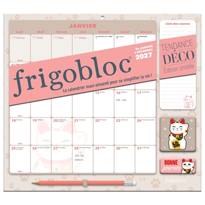 Frigobloc Mensuel 2027 Déco Chats: Calendrier organiseur familial (de janv. à déc. 2027)
