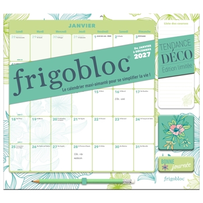 Frigobloc Mensuel 2027 Déco Végétal: Calendrier organiseur familial (de janv. à déc. 2027)