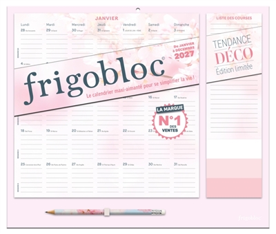Frigobloc Mensuel 2027 Tendance déco Rose: Calendrier organiseur familial (de janv. à déc. 2027)