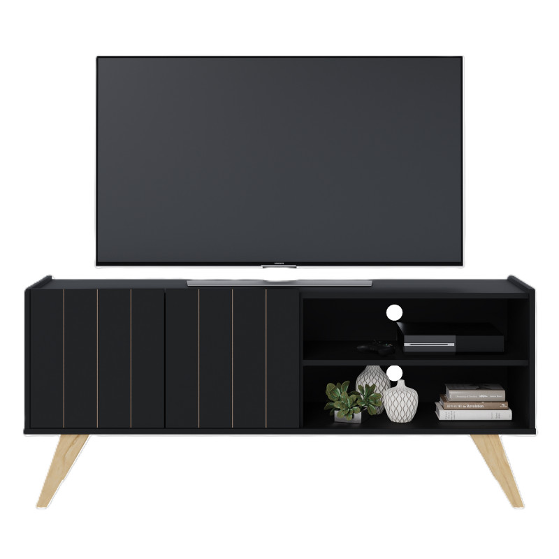 Meuble Tv Beaux Meubles Pas Chers Space 55 Pouces 2 Portes 3 Niches Noir Bois