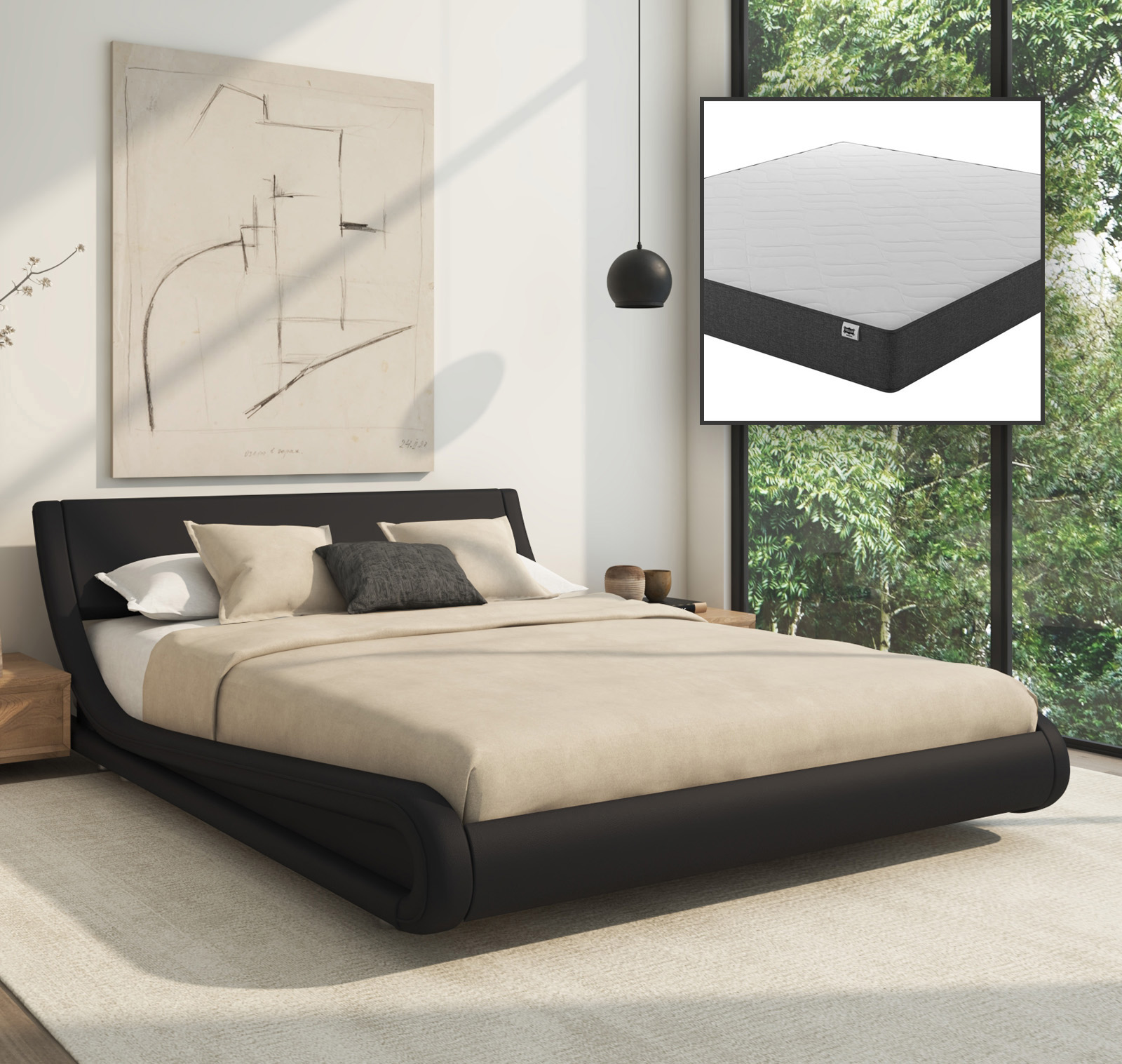Muebles Bonitos - Lit Double Avec Matelas Texas Lit Adulte Couleur Noir Matériaux Bois Et Simili Cuir Modèle Alessia 135x190cm