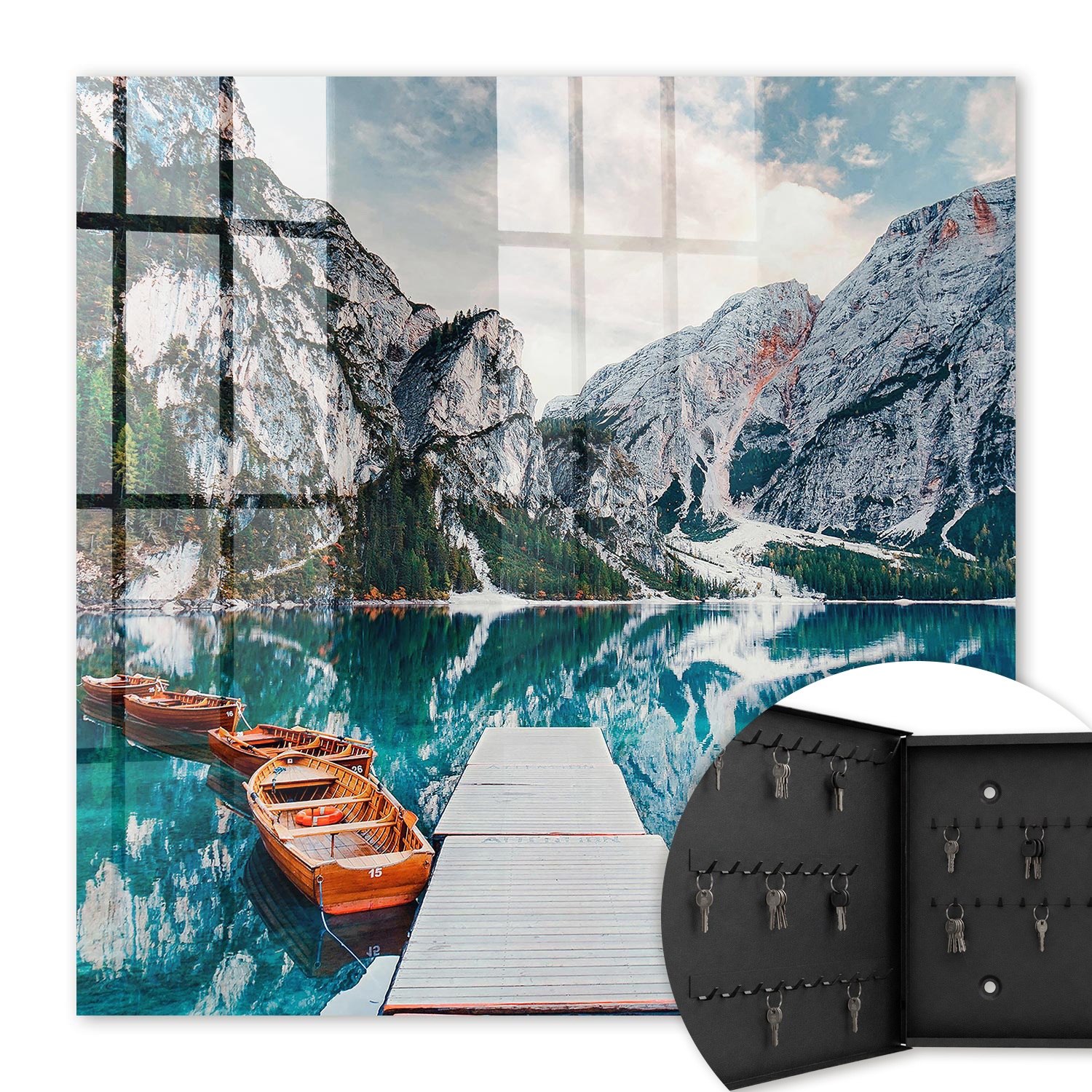 Armoire À Clés - (30 Cm X 30 Cm) - Boîte À Clés Murale - Coffret De Rangement Pour Clés - Couleur Noire - Ouverture Vers La Gauche - Pour Maison Et Bureau - Paysage De Montagne