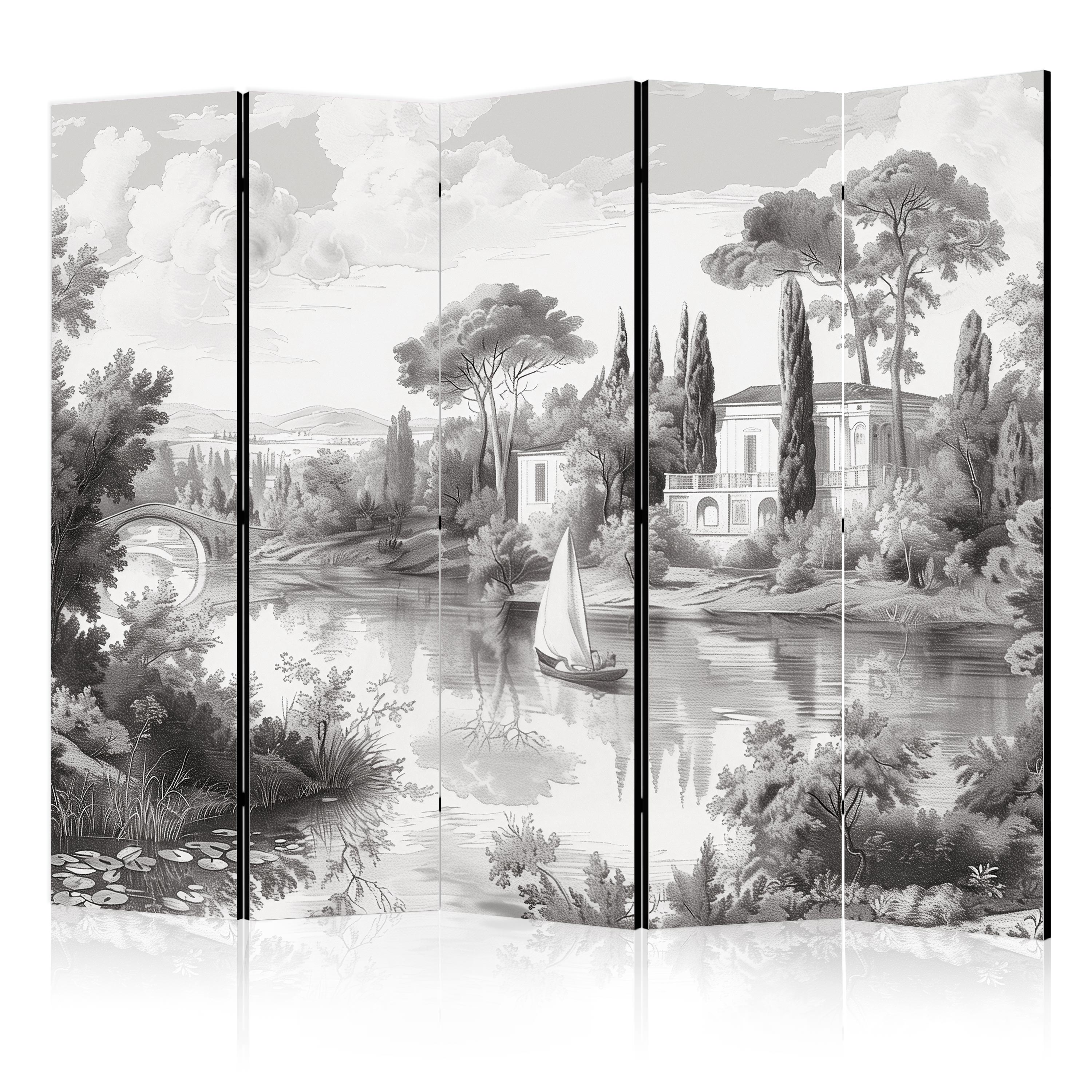 Paravent -vue Rétro D'un Étang Avec Un Bateau 225x172