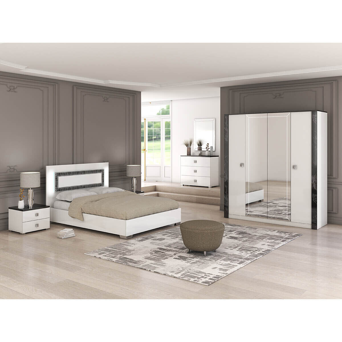 Gaïa - Chambre Lit 160x200 Cm + Chevets + Commode + Armoire Laquée Blanc Avec Décor Noir