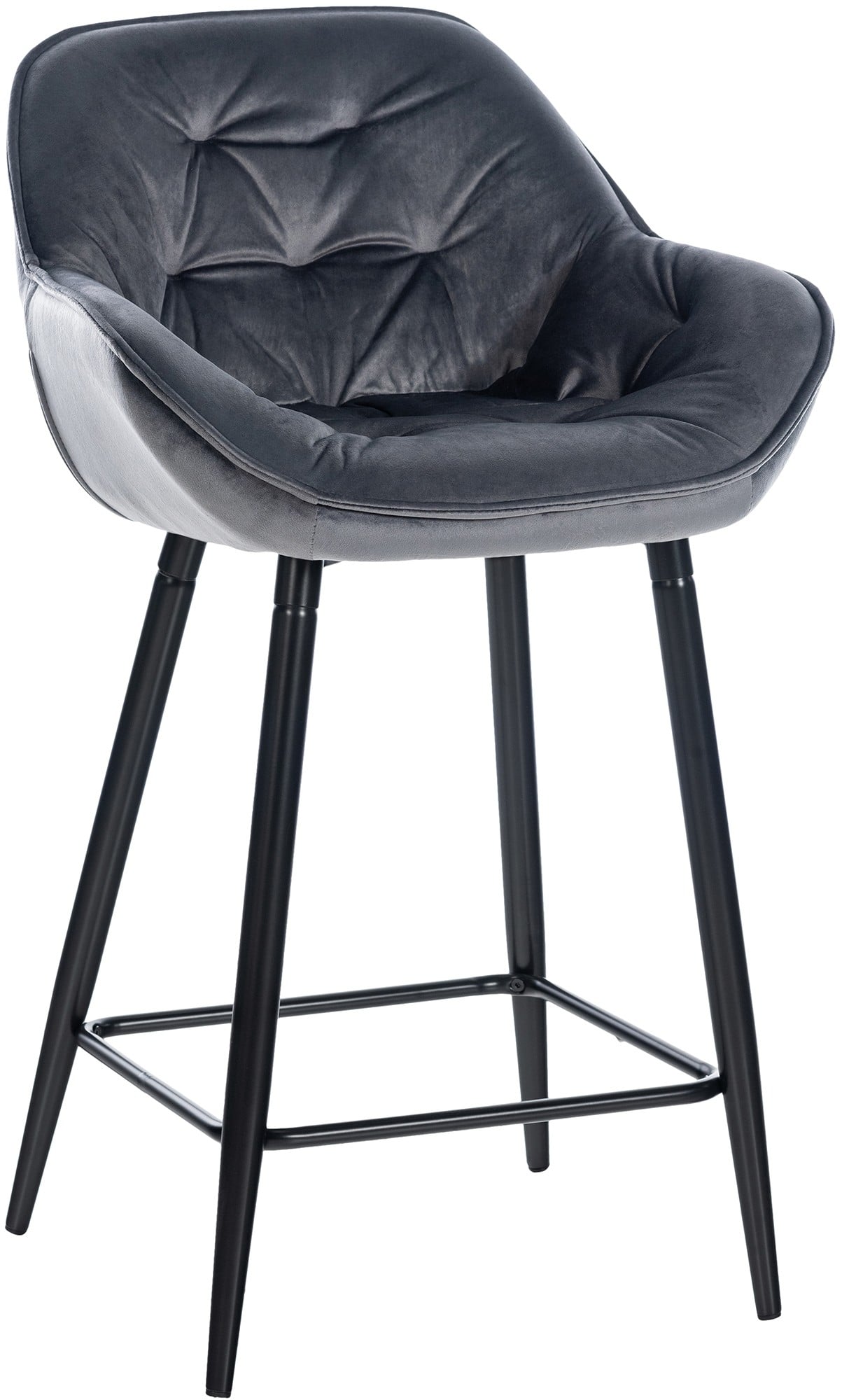 Tabouret De Bar Chaise Haute X1 Assise Effet Capitonnée En Velours Gris Foncé Et Métal 10_0004895