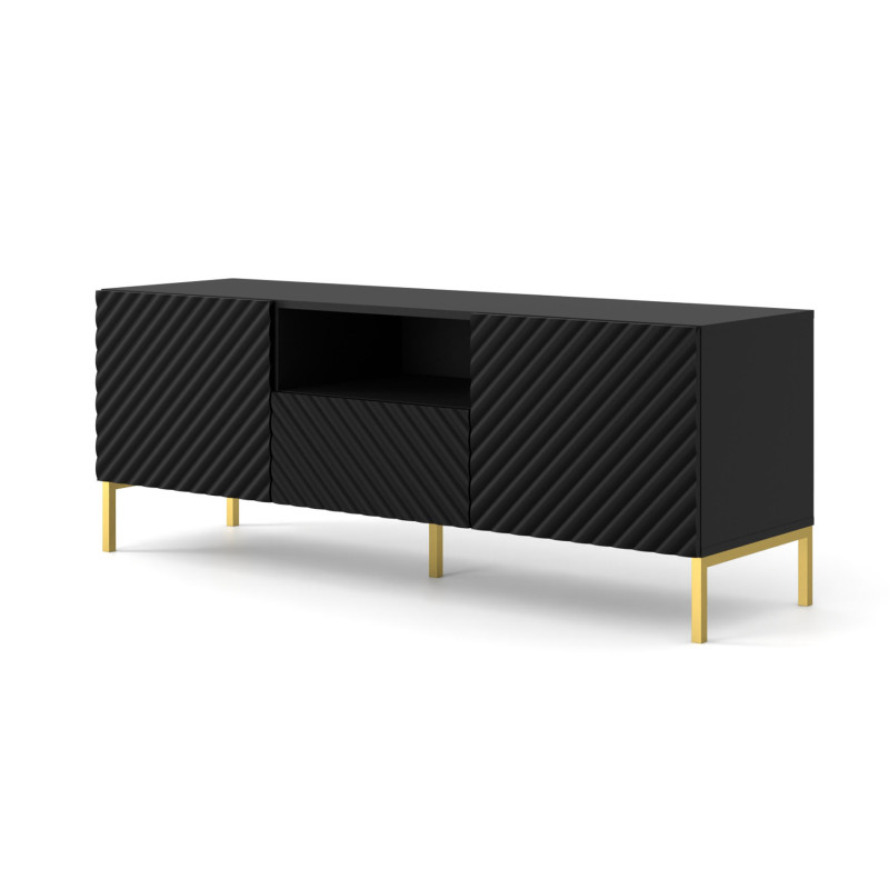 Meuble Tv À 2 Portes + 1 Tiroir Avec Cadre Doré "surf" - Noir Mat - L 150 Cm
