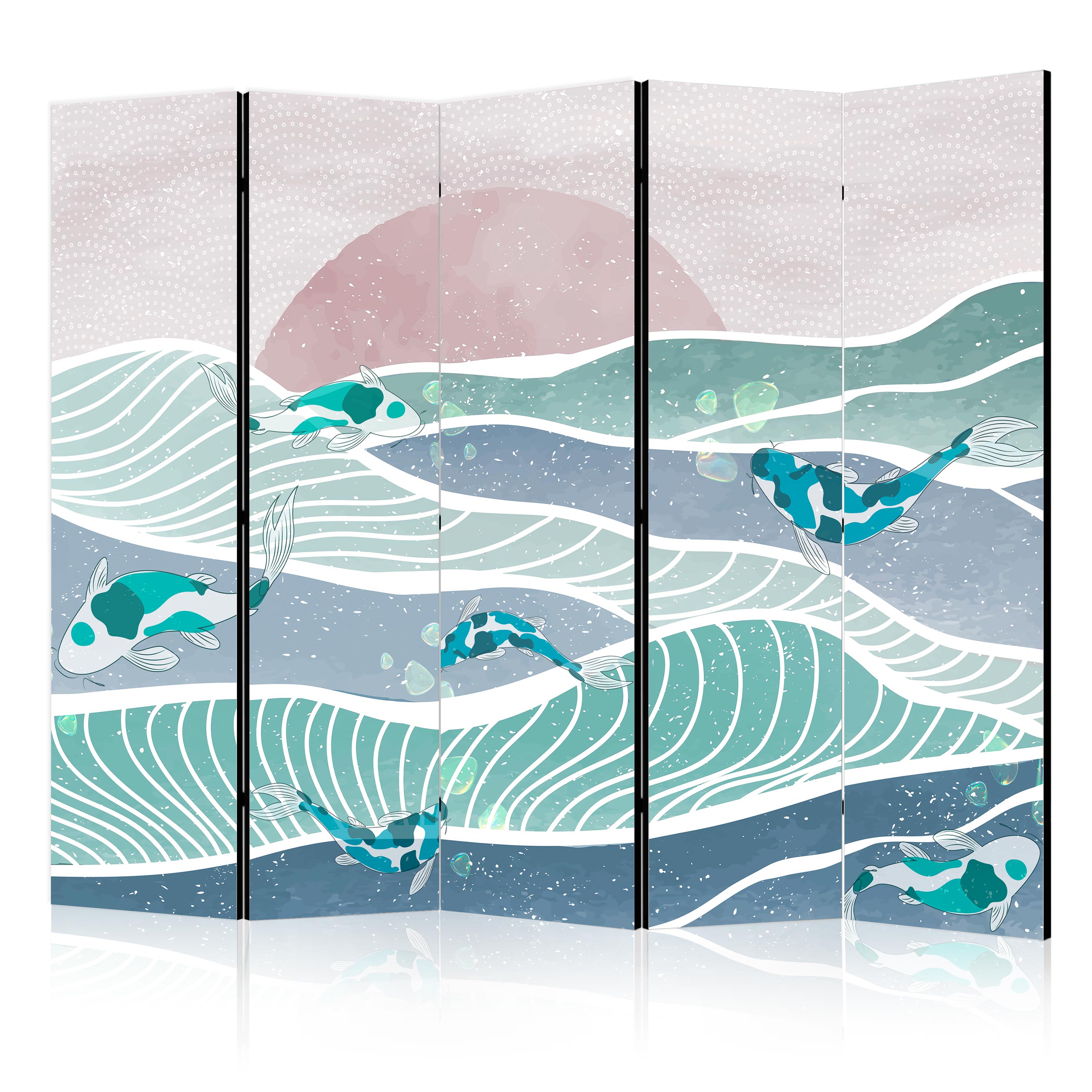 Paravent -coucher De Soleil Et Poissons Koi Dans Les Tons Turquoise Et Bleu 225x172