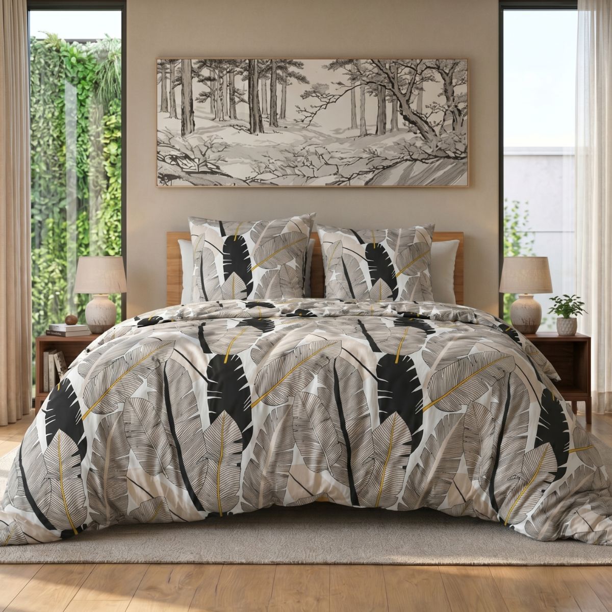 Parure Housse De Couette 260x240cm + 2 Taies Motif Plumes Noir Et Blanc 100% Microfibre - Piuma