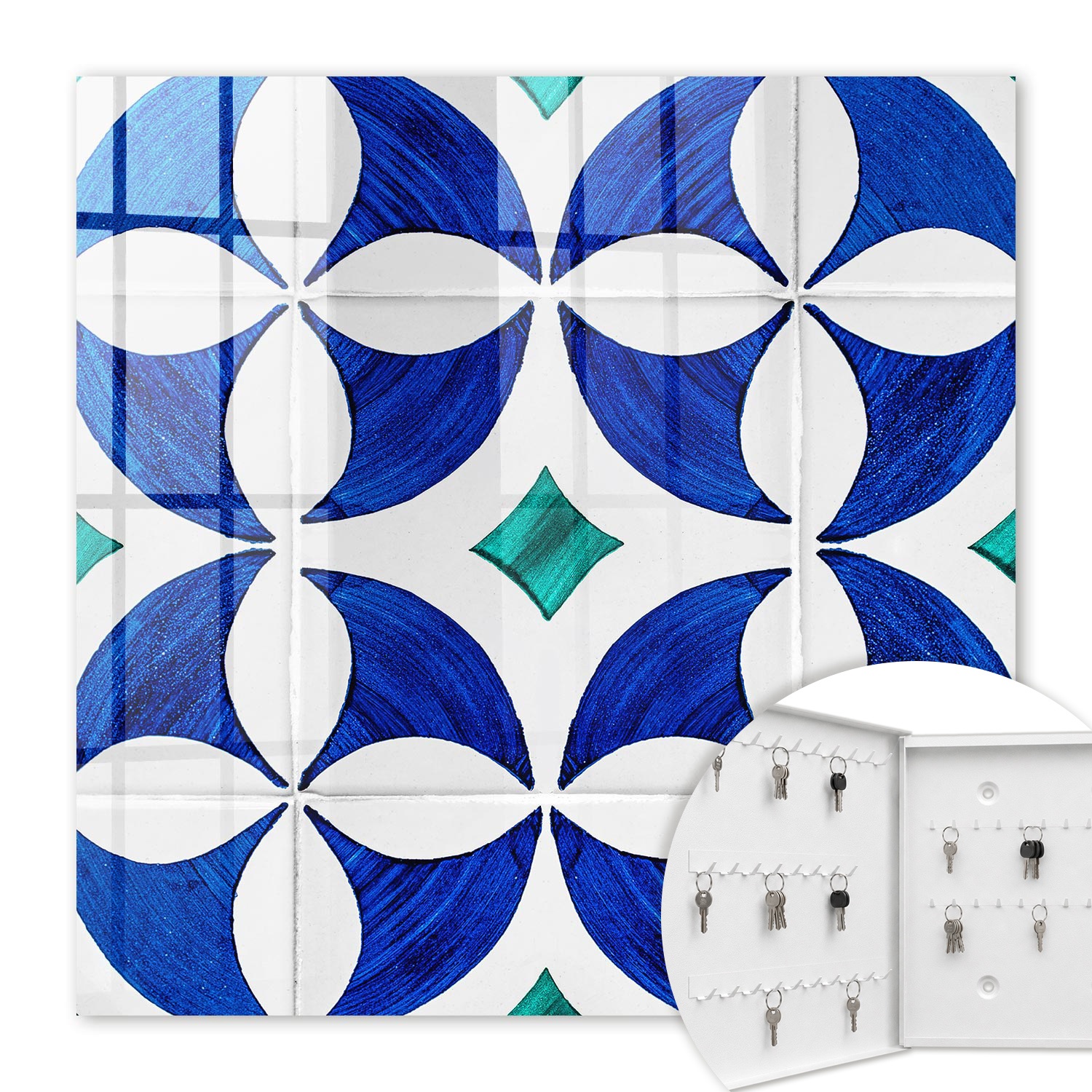 Armoire À Clés - (30 Cm X 30 Cm) - Boîte À Clés Murale - Coffret De Rangement Pour Clés - Couleur Blanche - Ouverture Vers La Gauche - Pour Maison Et Bureau - Motif Géométrique