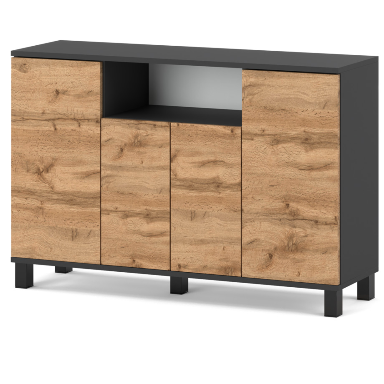 Commode Gris + Chêne Wotan 120 Cm 4 Portes - Meuble Tv Moderne Pour Salon Et Chambre - Buffet De Rangement Design