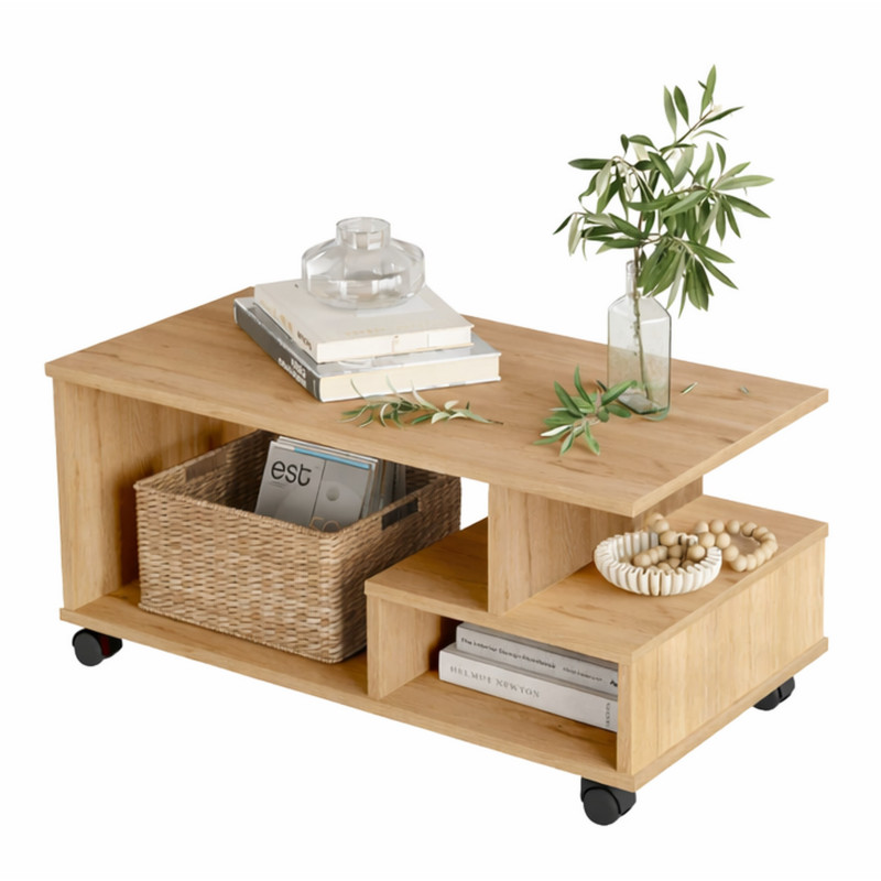 Table Basse Beaux Meubles Pas Chers 3 Niches 4 Roulettes 90 X 42,5 X 51 Cm Imitation Chêne Panneaux Mélaminés