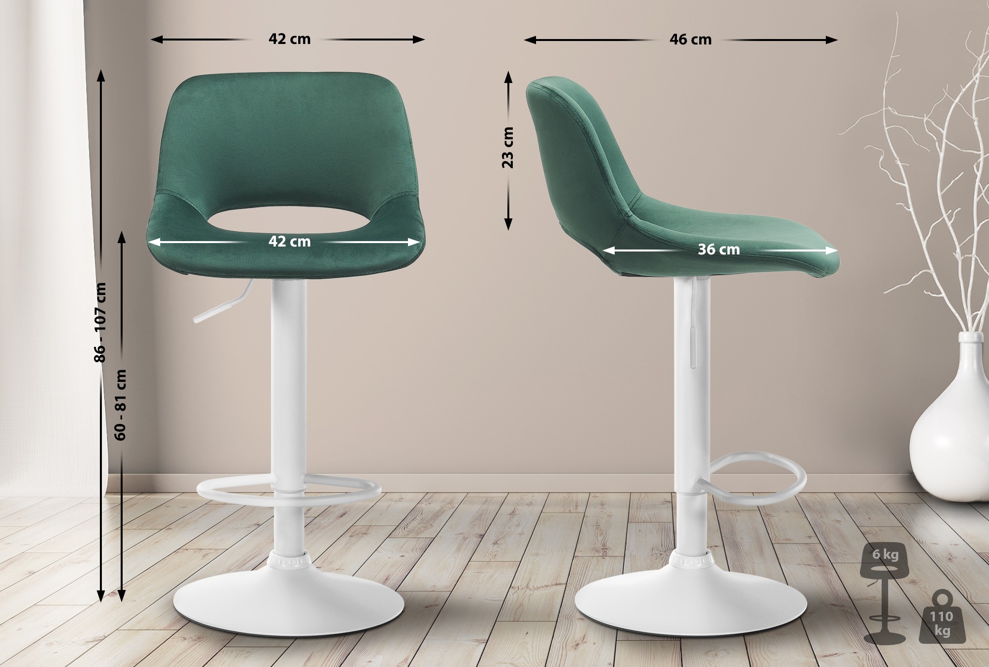 Tabouret De Bar Camden Velours Blanc Vert