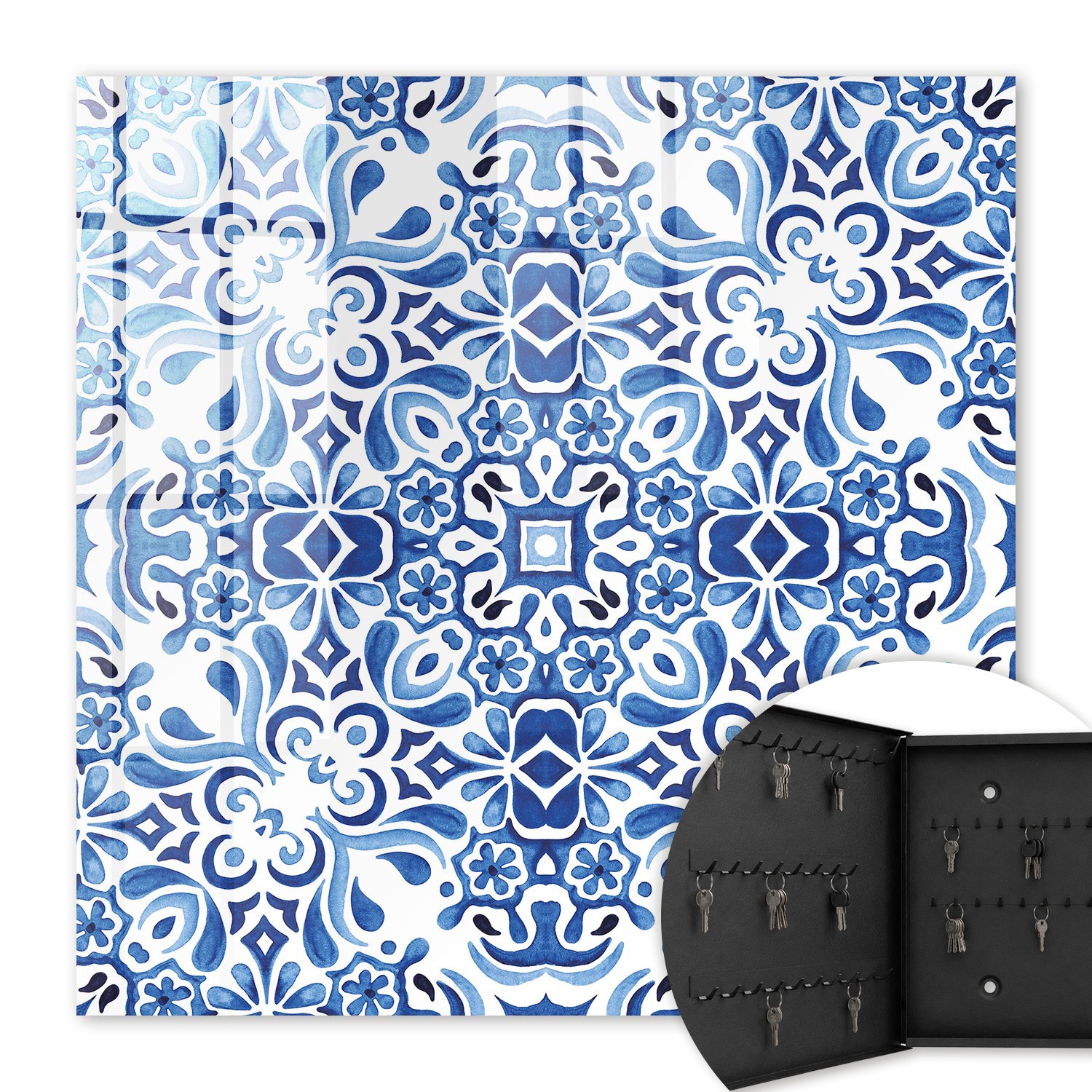 Armoire À Clés - (30 Cm X 30 Cm) - Boîte À Clés Murale - Coffret De Rangement Pour Clés - Couleur Noire - Ouverture Vers La Gauche - Pour Maison Et Bureau - Ornements Carrelés