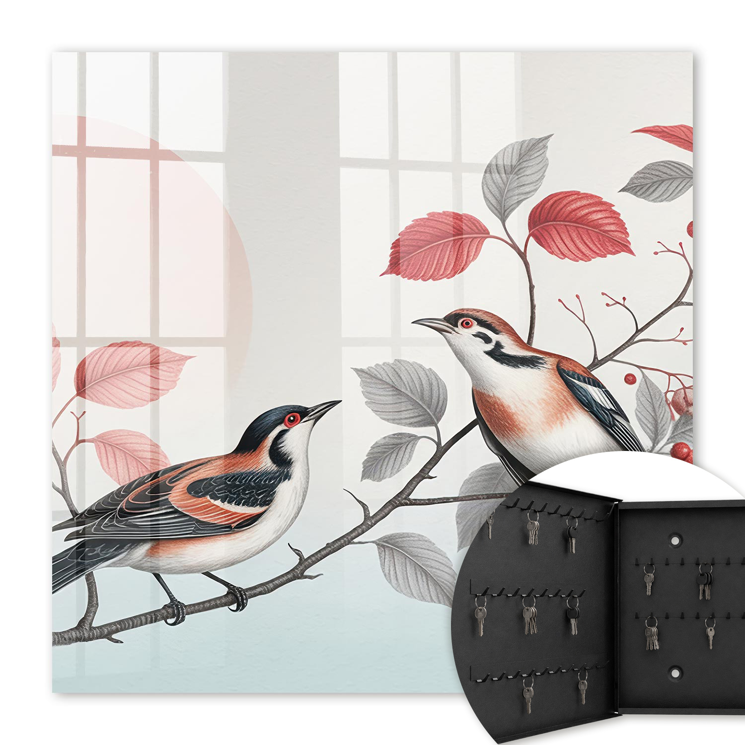 Armoire À Clés - (30 Cm X 30 Cm) - Boîte À Clés Murale - Coffret De Rangement Pour Clés - Couleur Noire - Ouverture Vers La Gauche - Pour Maison Et Bureau - Les Oiseaux Et La Nature