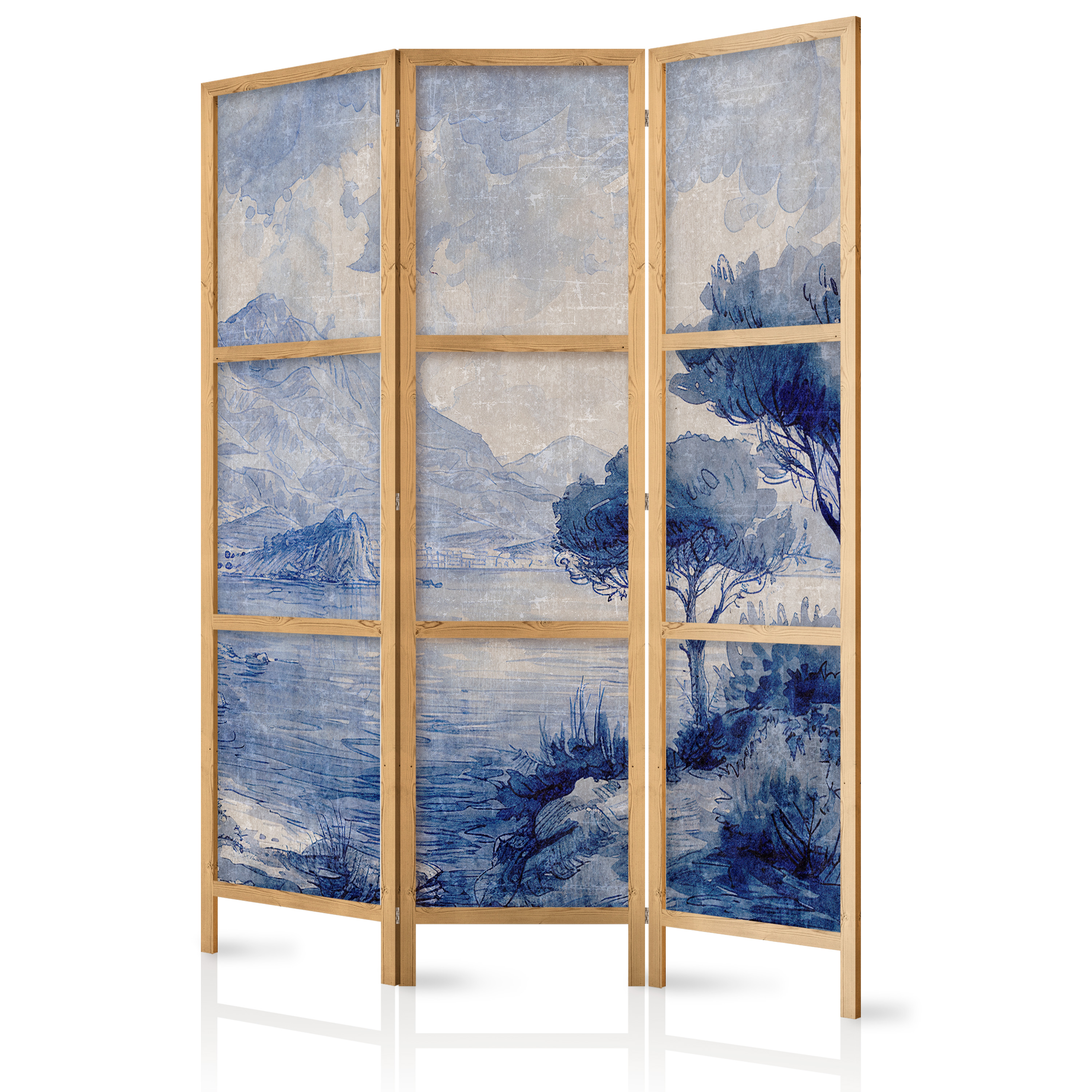 Paravent Japonais -lac De Côme Peint En Nuances De Bleu 135x172