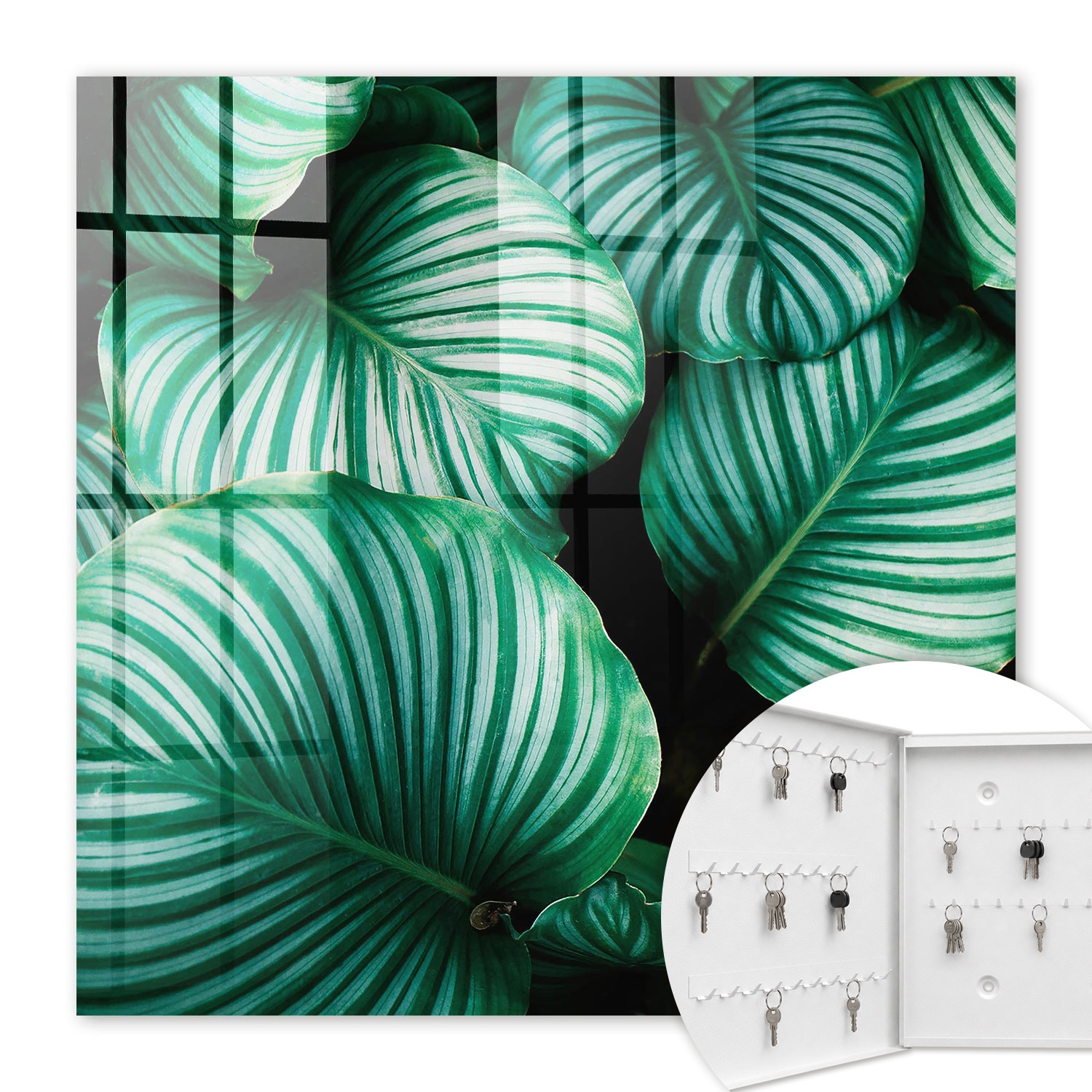 Armoire À Clés - (30 Cm X 30 Cm) - Boîte À Clés Murale - Coffret De Rangement Pour Clés - Couleur Blanche - Ouverture Vers La Gauche - Pour Maison Et Bureau - Feuilles Vertes