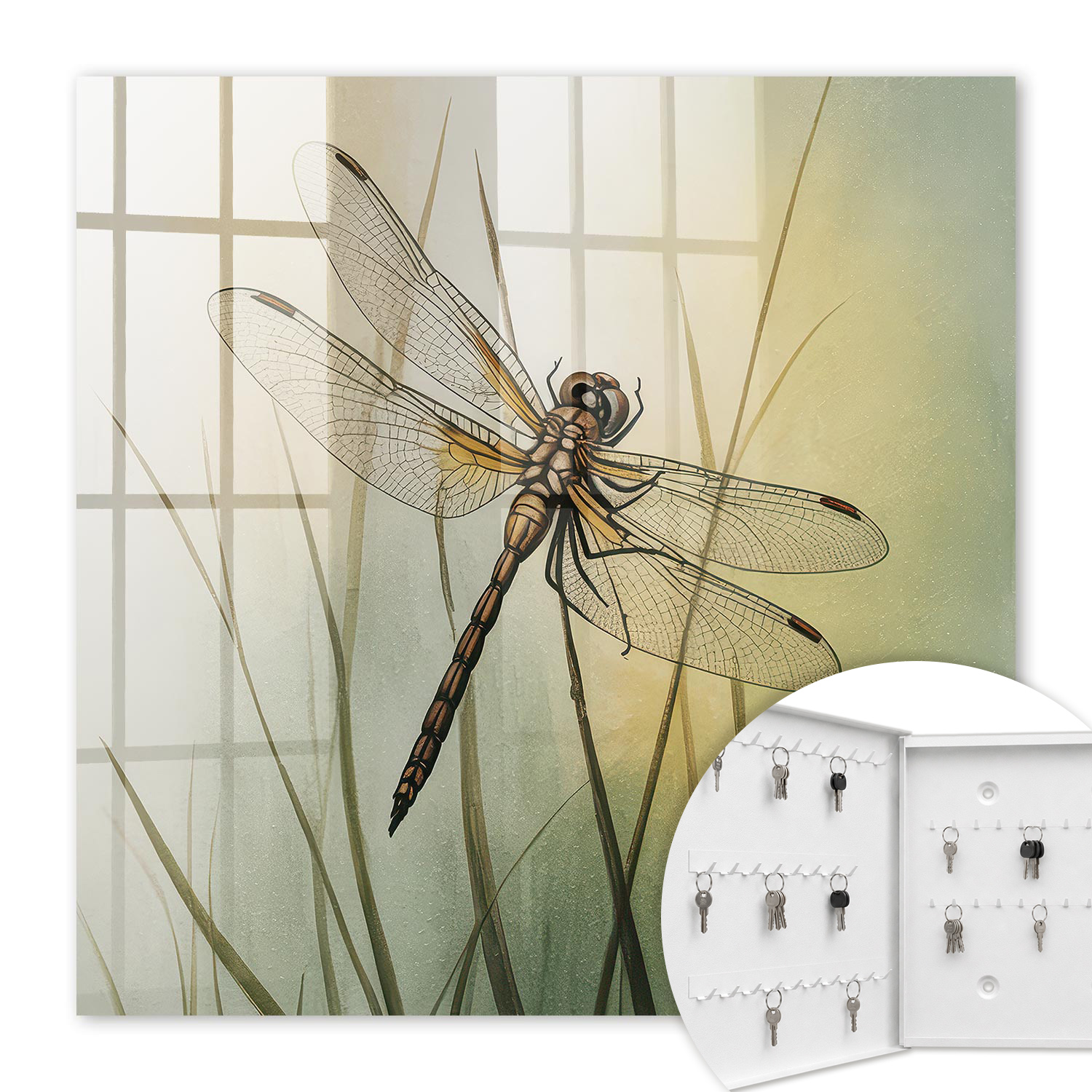 Armoire À Clés - (30 Cm X 30 Cm) - Boîte À Clés Murale - Coffret De Rangement Pour Clés - Couleur Blanche - Ouverture Vers La Gauche - Pour Maison Et Bureau - La Nature De La Libellule