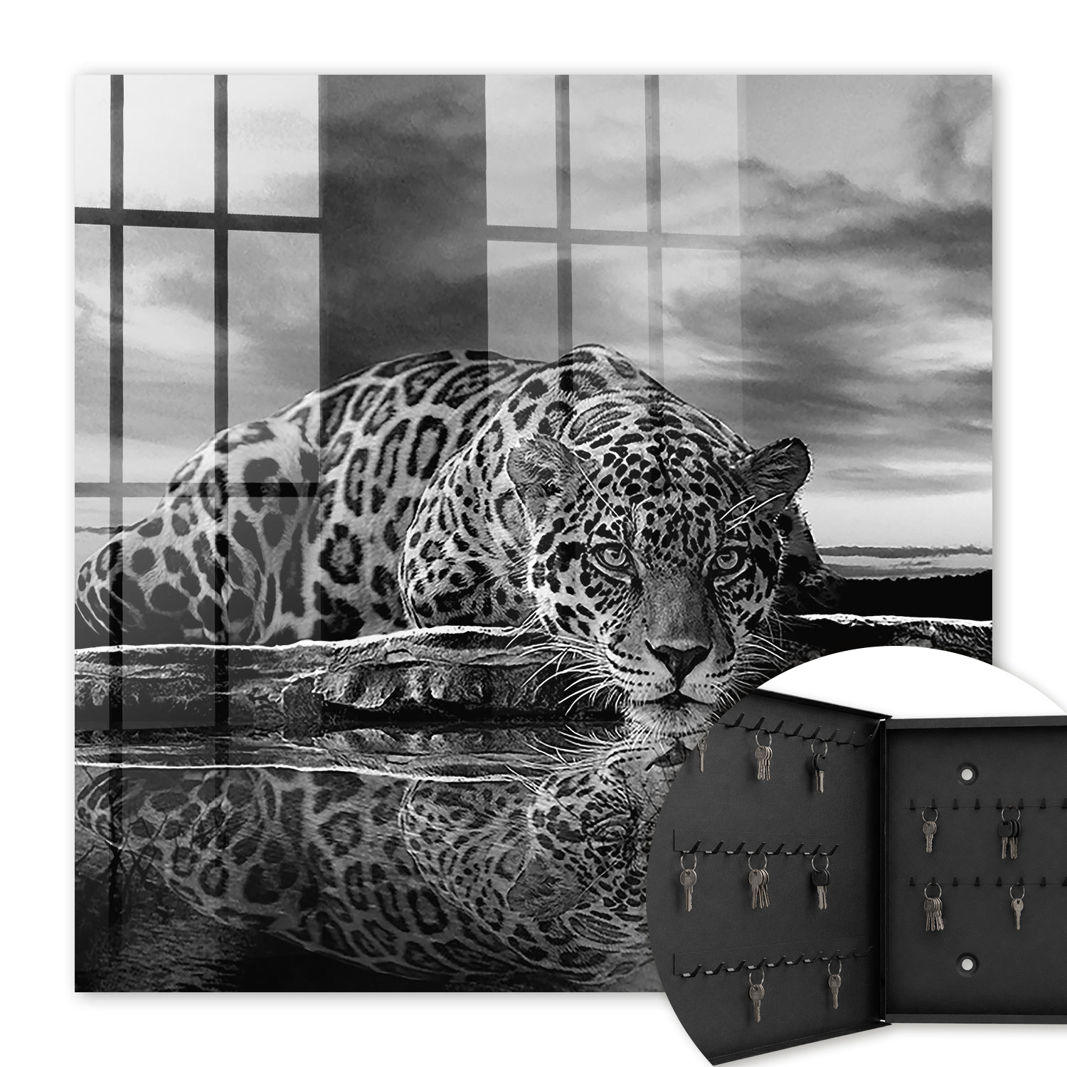Armoire À Clés - (30 Cm X 30 Cm) - Boîte À Clés Murale - Coffret De Rangement Pour Clés - Couleur Noire - Ouverture Vers La Gauche - Pour Maison Et Bureau - Des Jaguars Dans L'Eau